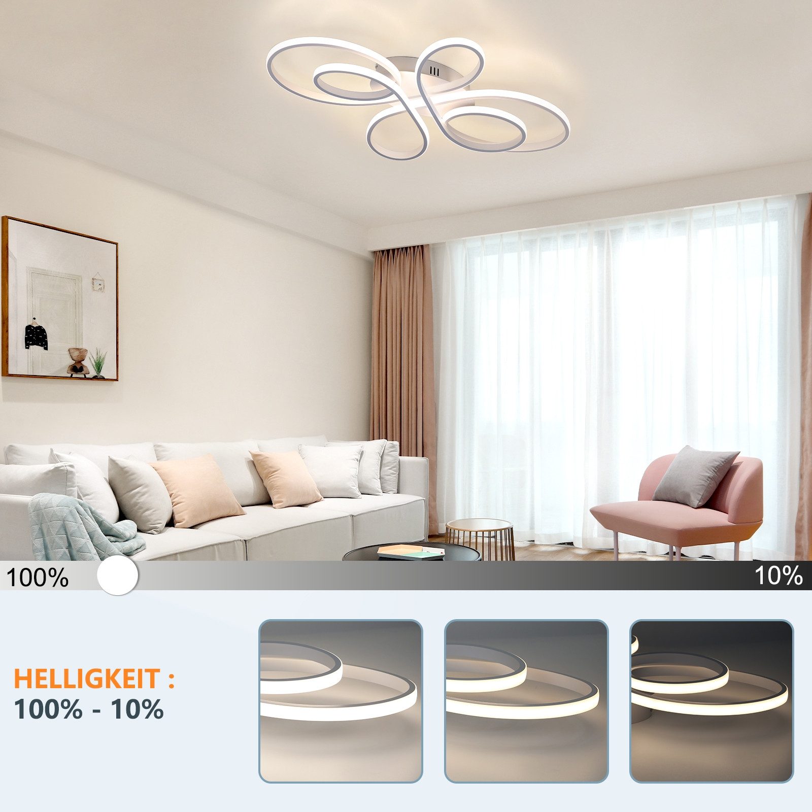 Nettlife LED Deckenleuchte Modern Schwarz Dimmbar Wohnzimmer 65W 40/66/80/100CM deckenlampe, LED fest integriert, warmweißem, kaltweißem, Schlafzimmer, Wohnzimm – Bild 3 von 5