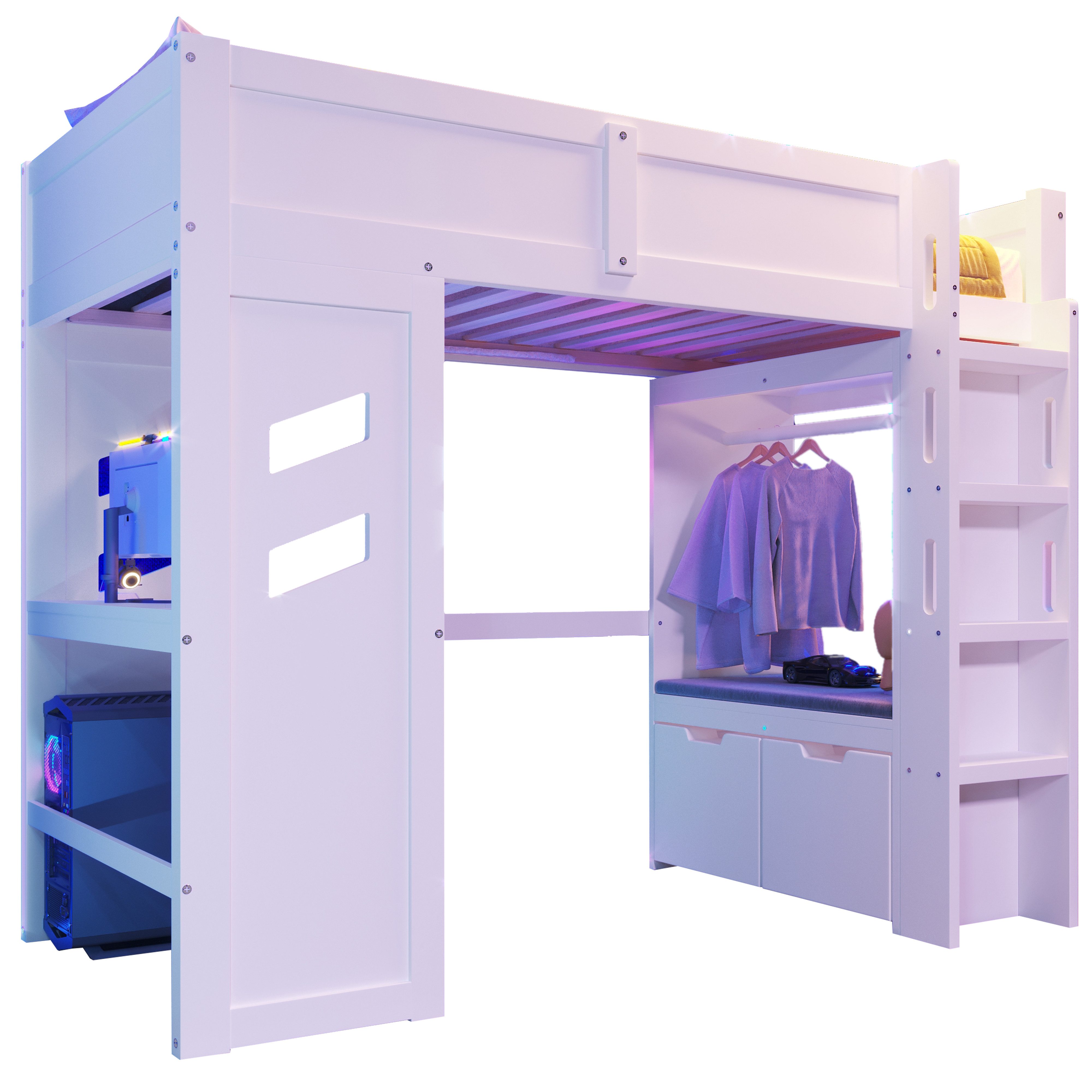 Ulife Hochbett mit Schreibtisch, LED-Leuchten, 1 USB-Anschlüssen,Gaming (1-St) 90x200cm,1 Typ-C ausgestattet, Schublade, Wäscheständer