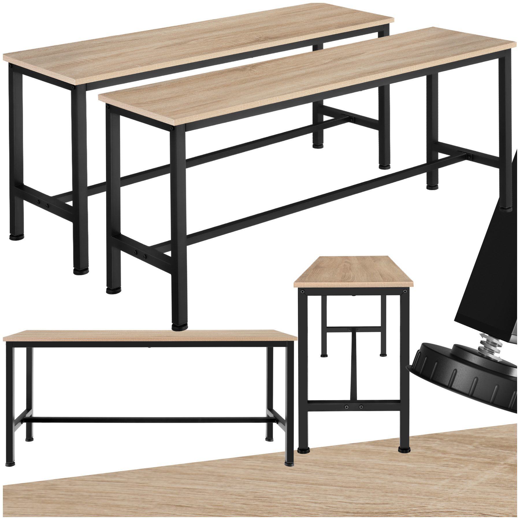 tectake Bank 2er-Set Sitzmöbel, Maße: 108 x 32,5 x 50 cm, Industrial Style (Esszimmersitz Fairfield, in Industrial Holz hell, Eiche Sonoma), Holz und Stahl, Belastbarkeit 200 kg, höhenverstellbare Kunststofffüße