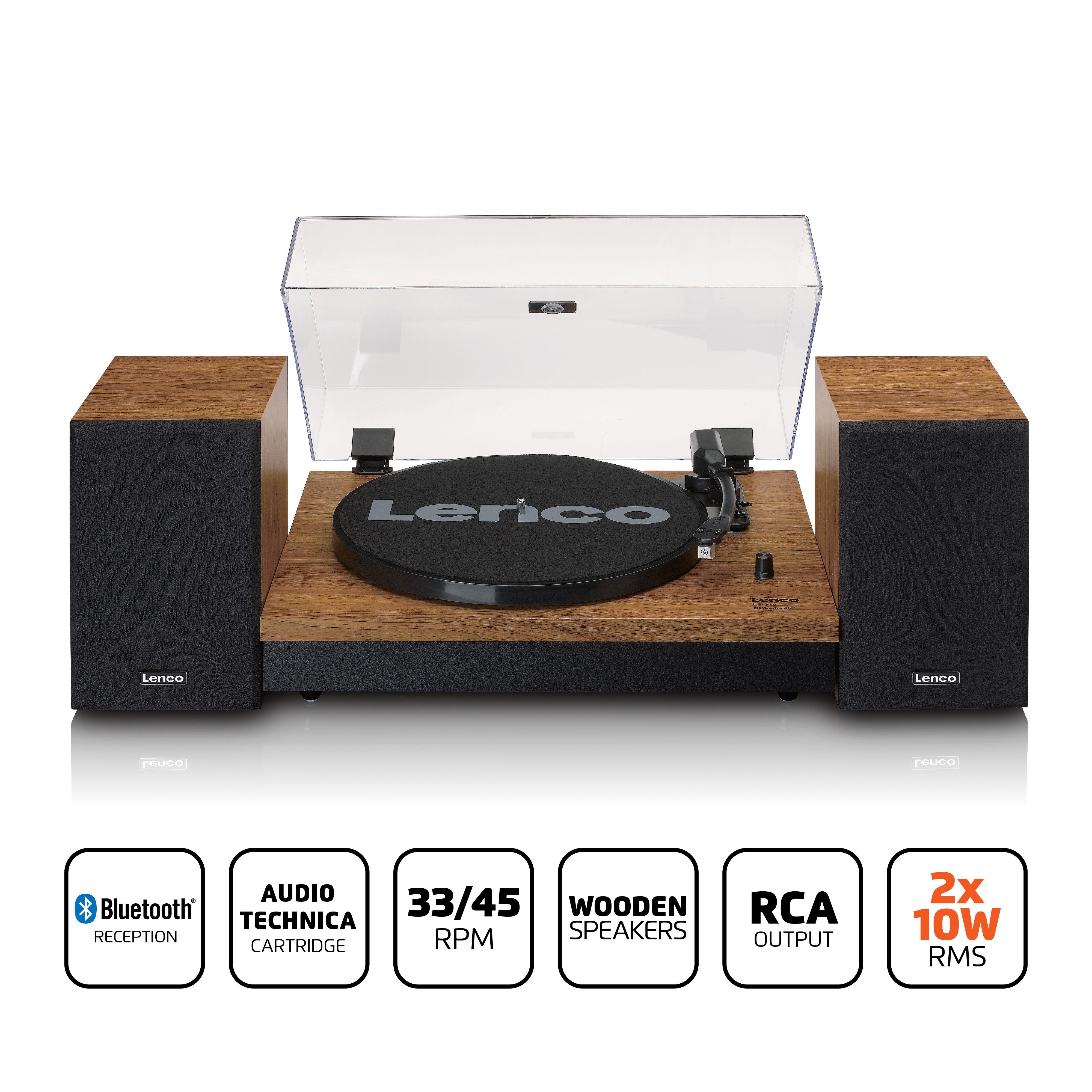 Lenco LS-310WD Plattenspieler (Riemenantrieb, Bluetooth, Bluetooth, Cinch, 33 45 U/min, Staubschutz inkl. 2 Holzlautsprecher)