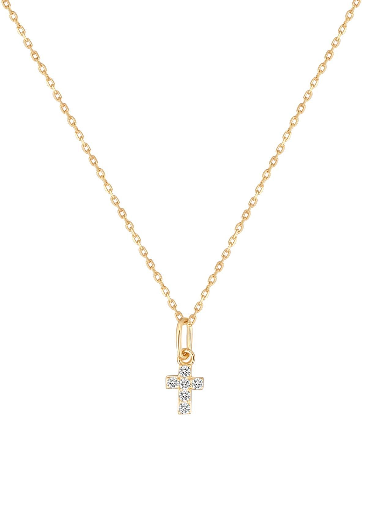 Dear Me Goldkette Damen 585 Gold Kreuz, Anhänger Zirkonia Hoffnung, 14K Massivgold Halskette Kristall hängend, 585 Echtgold Schmuck