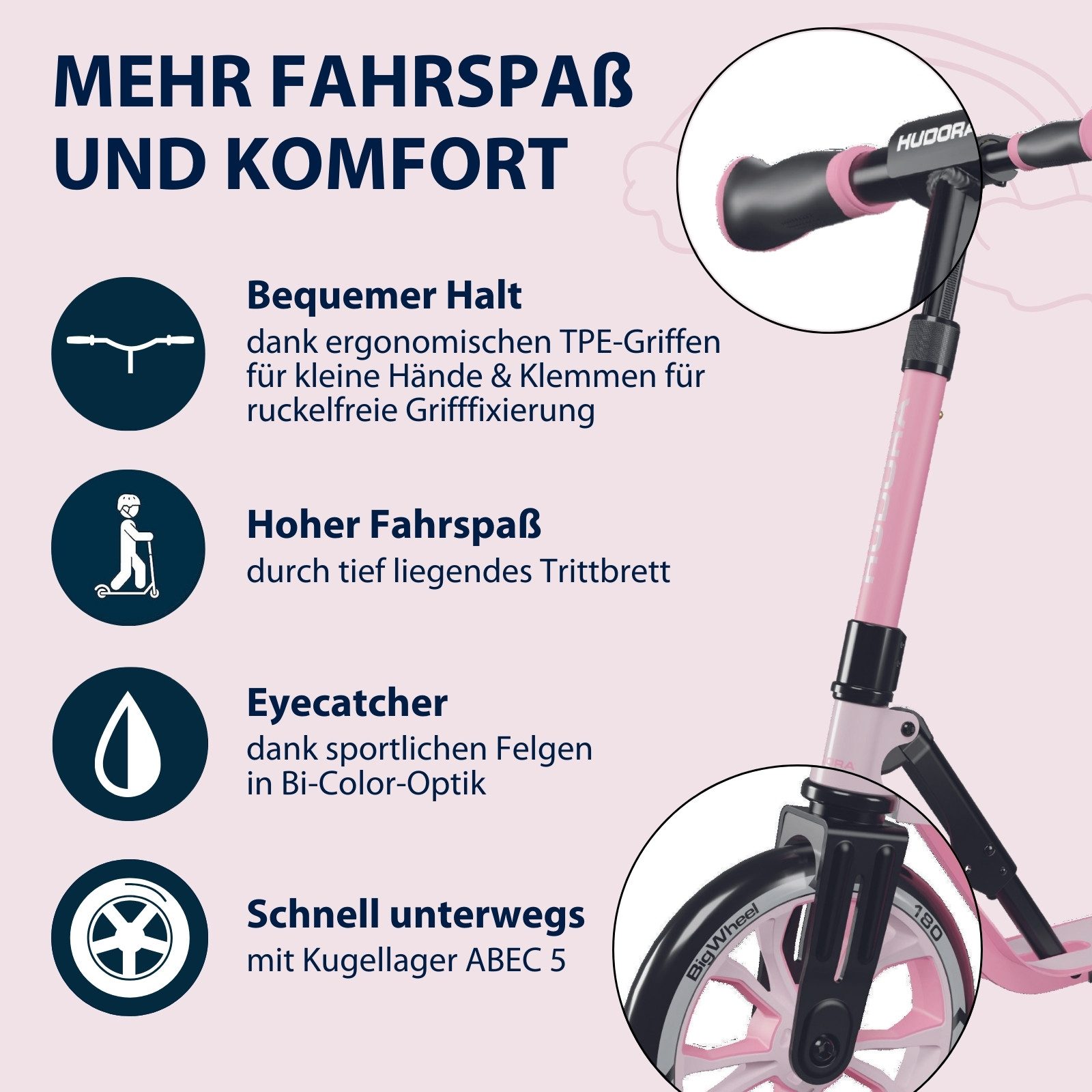 Hudora Tretroller BigWheel® 180 Advanced Junior, zusammenklappbarer, höhenverstellbar, bis 60 kg