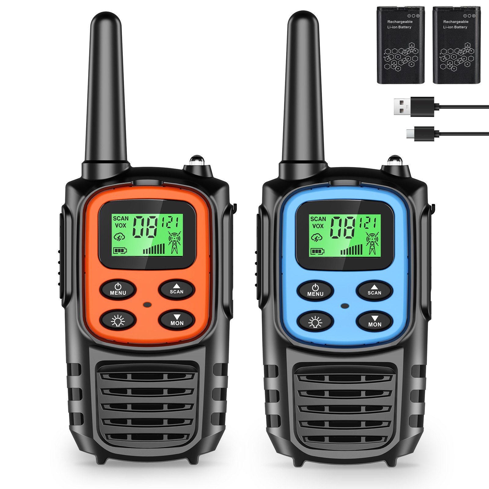 Wootoy Walkie Talkie Kommunikationsgerät Funkgeräte Walkie-Talkies Spielzeug, (Reichweite von bis zu 5 Meilen (ca. 8 km) unter günstigen Bedingungen, 2-St., mit 1200-mAh-Akku 22 Kanäle und 121 Subkanäle LED-Taschenlampe), Ideal für Familien Camping Wander