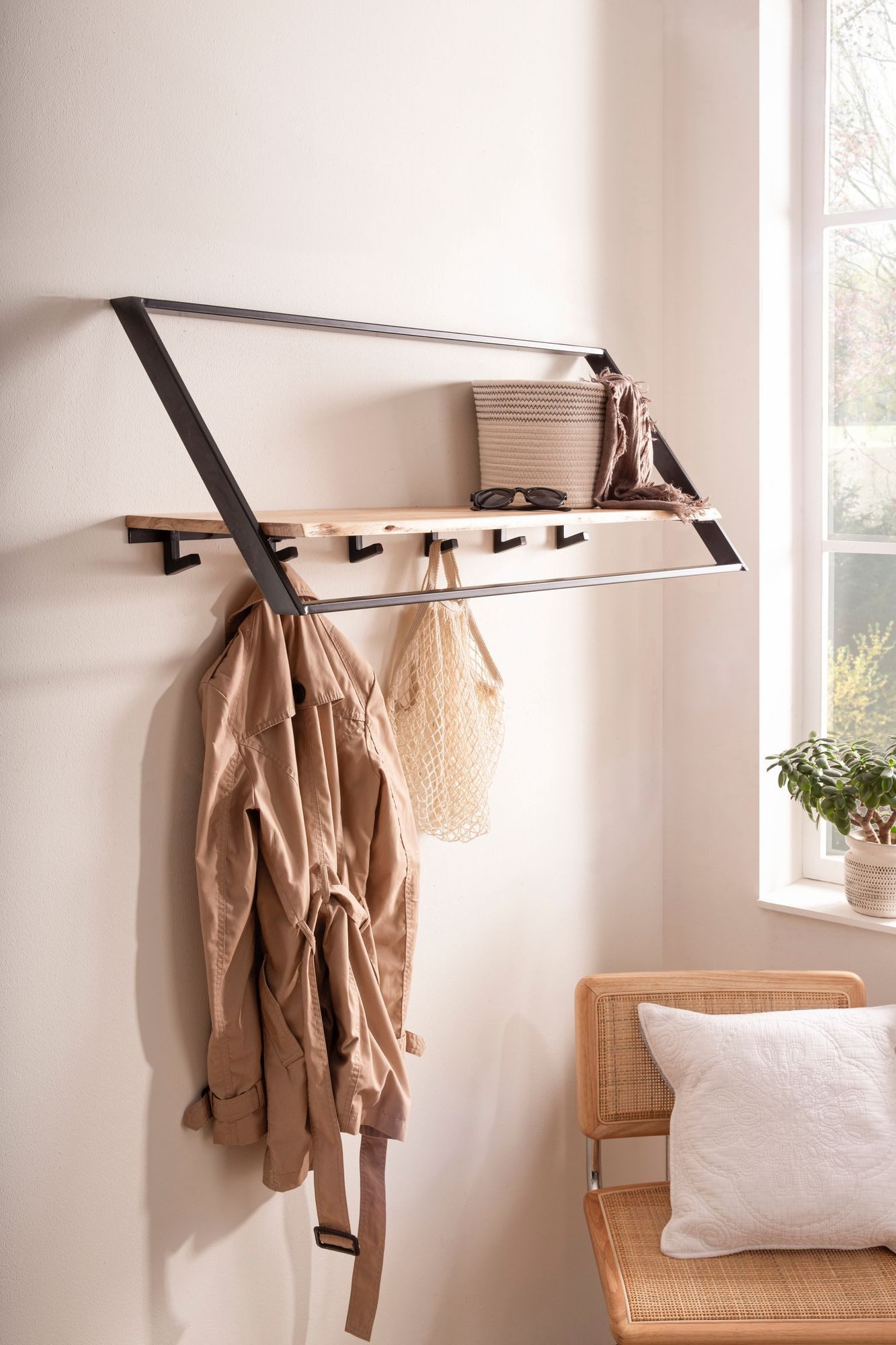 FINEBUY Wandgarderobe Akazie Massivholz 100cm Garderobe Industrial Design ( günstig online kaufen
