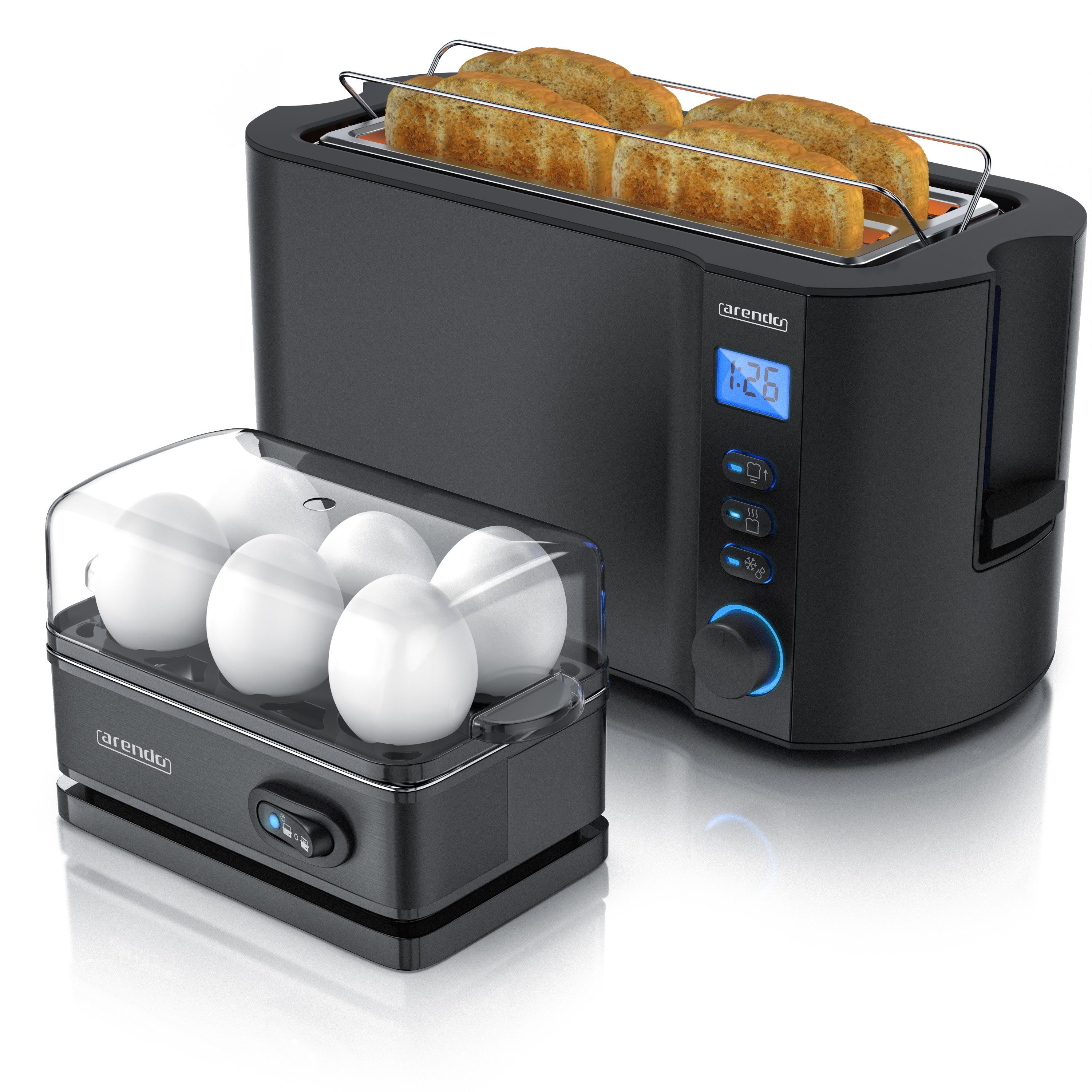 Arendo Frühstücks-Set 4-Scheiben Langschlitz Toaster, 6er Eierkocher, Schwarz (2-tlg), Edelstahl, BPA-frei, GS-geprüfte Sicherheit, fürs Familienfrühstück