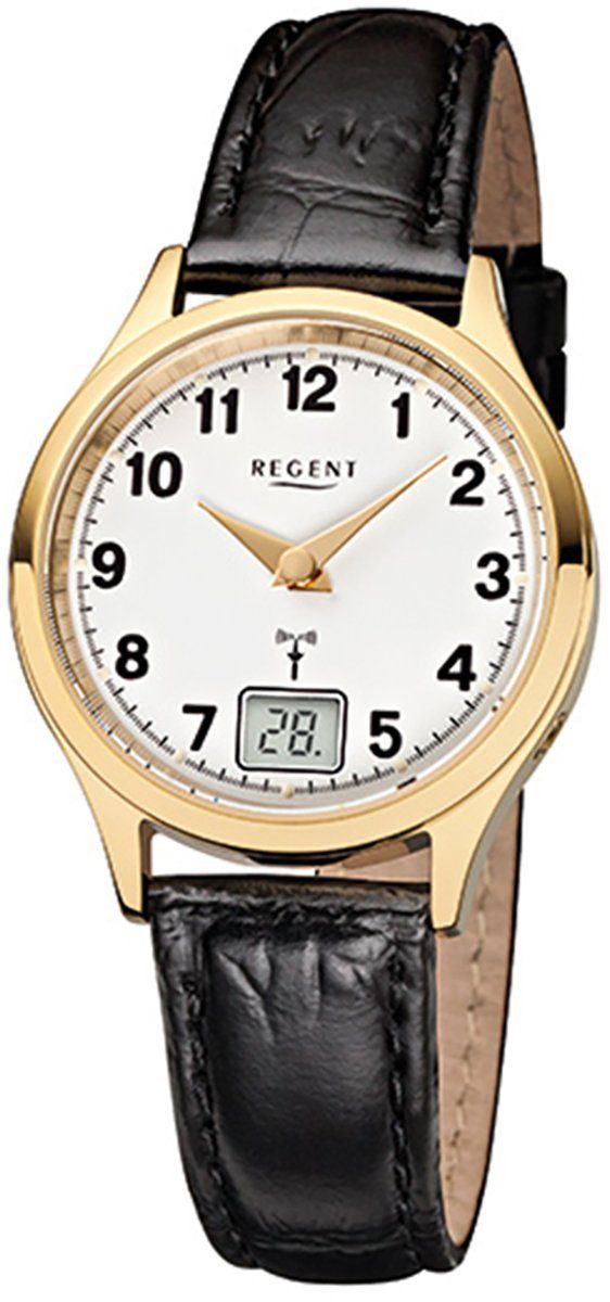 Regent Damen-Armbanduhr rund, klein Regent (ca. Funkuhr Damen 29mm), Analog, Funkuhr Lederarmband schwarz