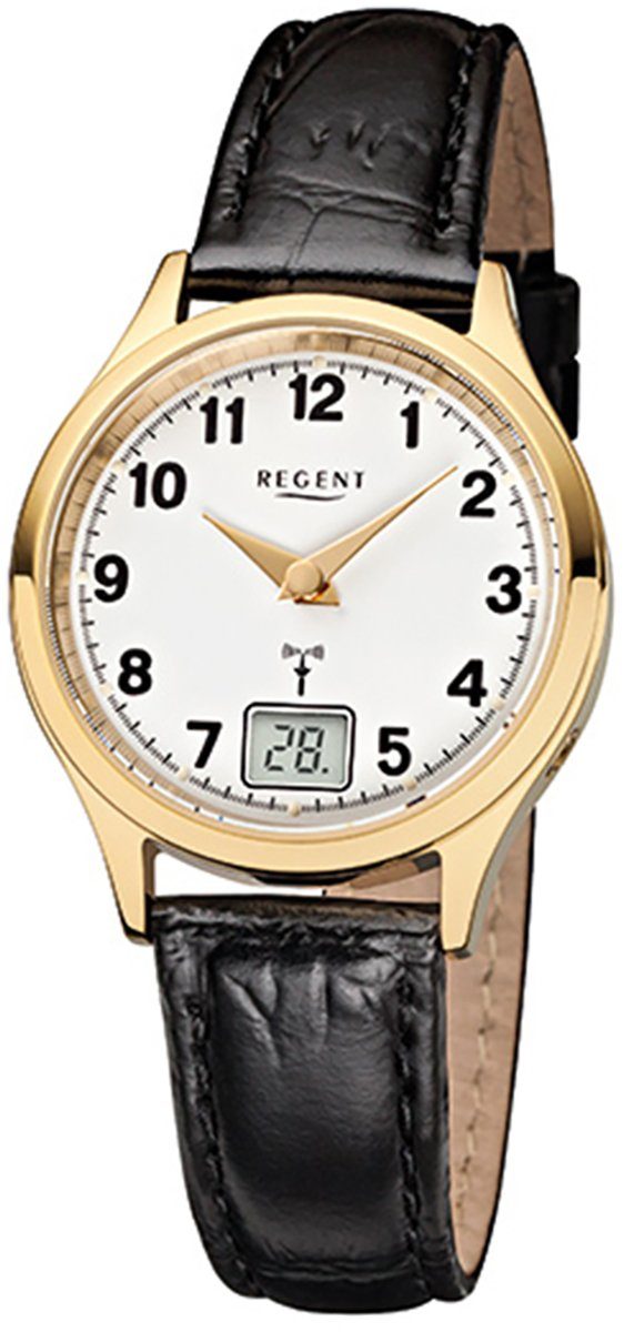 Regent Funkuhr Regent Damen-Armbanduhr schwarz Analog, Damen Funkuhr rund,  klein (ca. 29mm), Lederarmband