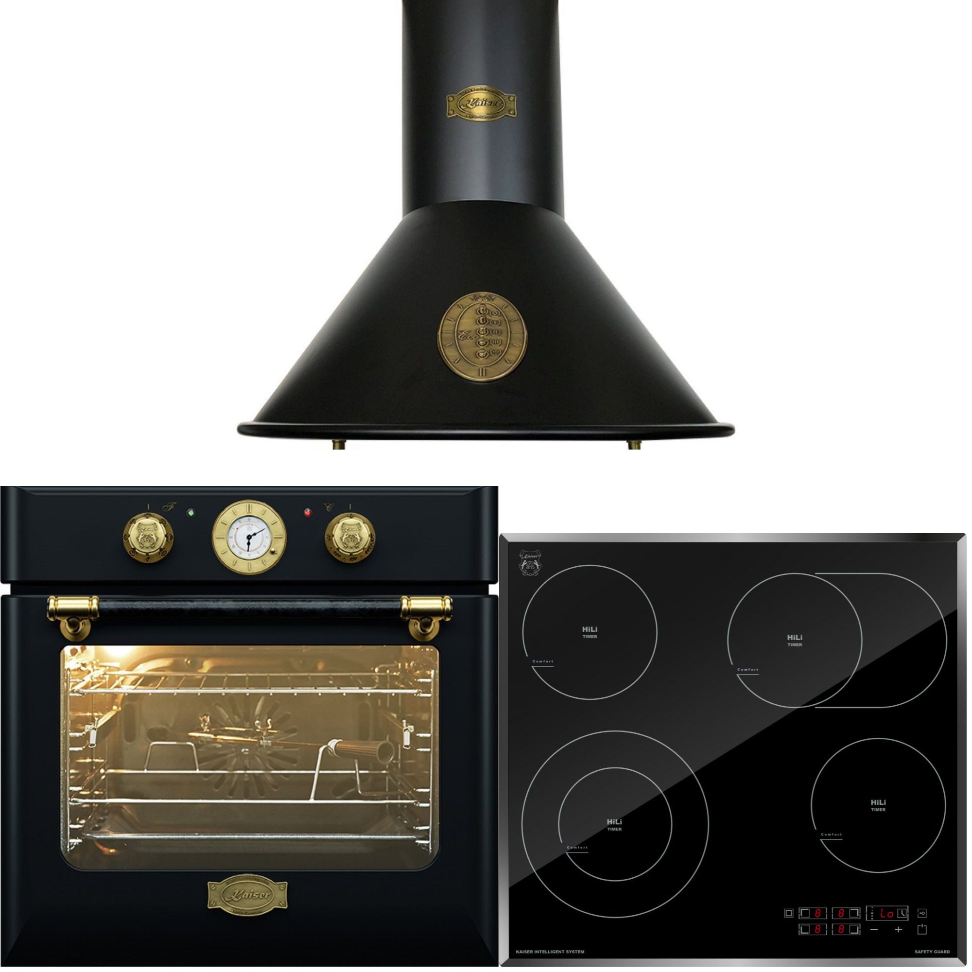 Kaiser Küchengeräte Backofen-Set Herd Set Autark Retro Einbau Backofen Elektro, Autark, 68 L, Drehspieß, 10 Funktionen+High Light Glaskeramik Kochfeld 60cm+Dunstabzugshaube 60cm Nostalgie Design 3 Stufen EH 6432 BE+KCT 6115 F+A 6423 BE ECO, mit 1-fach-Teleskopauszug