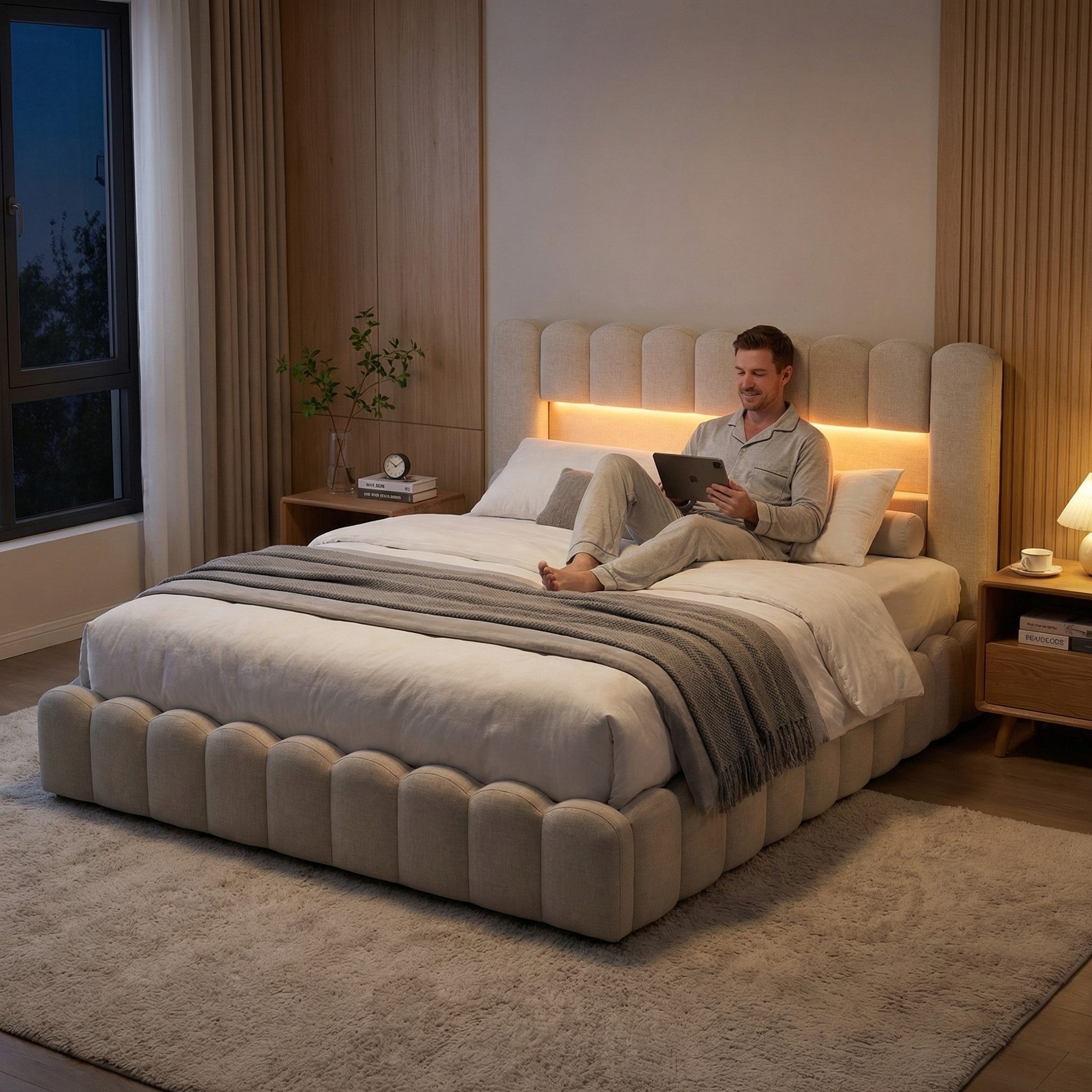 PXloue Polsterbett Doppelbett Jugendbett (ohne Matratze), Stauraumbett, Bettkasten, LED-Beleuchtung, USB-Anschluss, 180x200 cm
