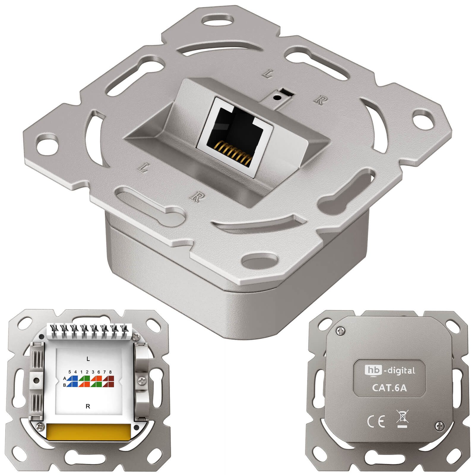 HB-DIGITAL LAN Dose CAT 6a Datendose Unterputz ohne Abdeckung RJ45 Netzwerk-Adapter, Kabelbefestigung mit Zugentlastung