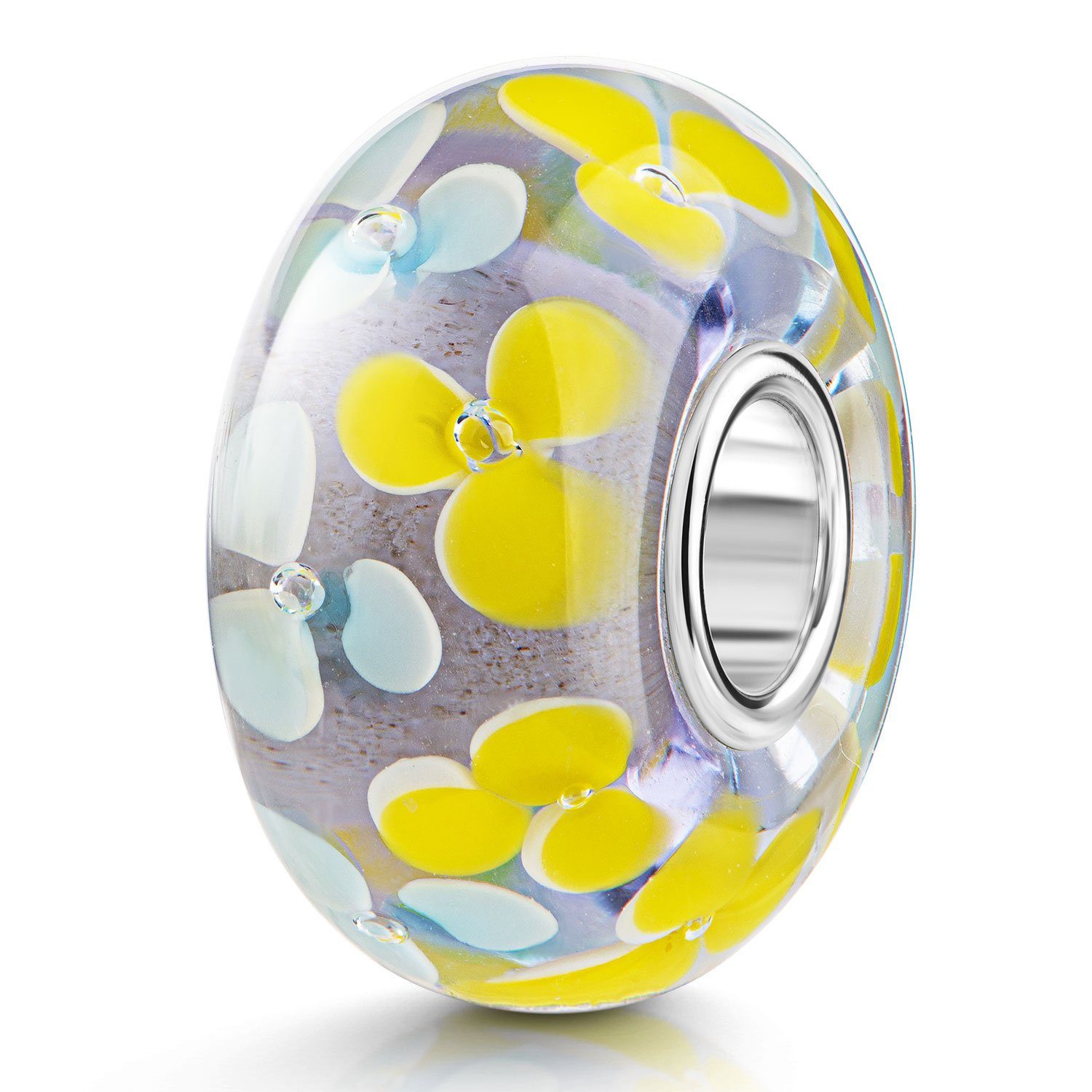 Materia Bead Glasperle Blumen / Blüten Muster Gelb Blau 914, Kern aus 925 Sterling Silber