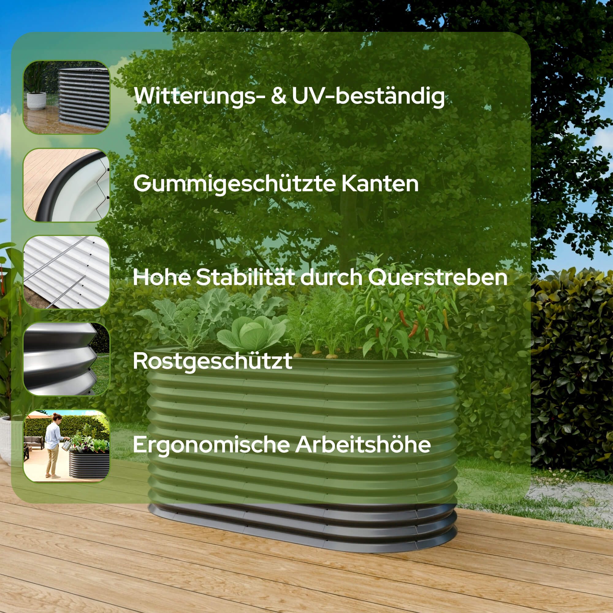 Arebos Hochbeet Metall Oval 160x80x78cm Gartenbeet für Gemüse, Kräuter & Blumen 780L (Witterungs- & UV-beständig, Rostresistenter verzinkter Stahl, Kantenschutz aus Gummi)