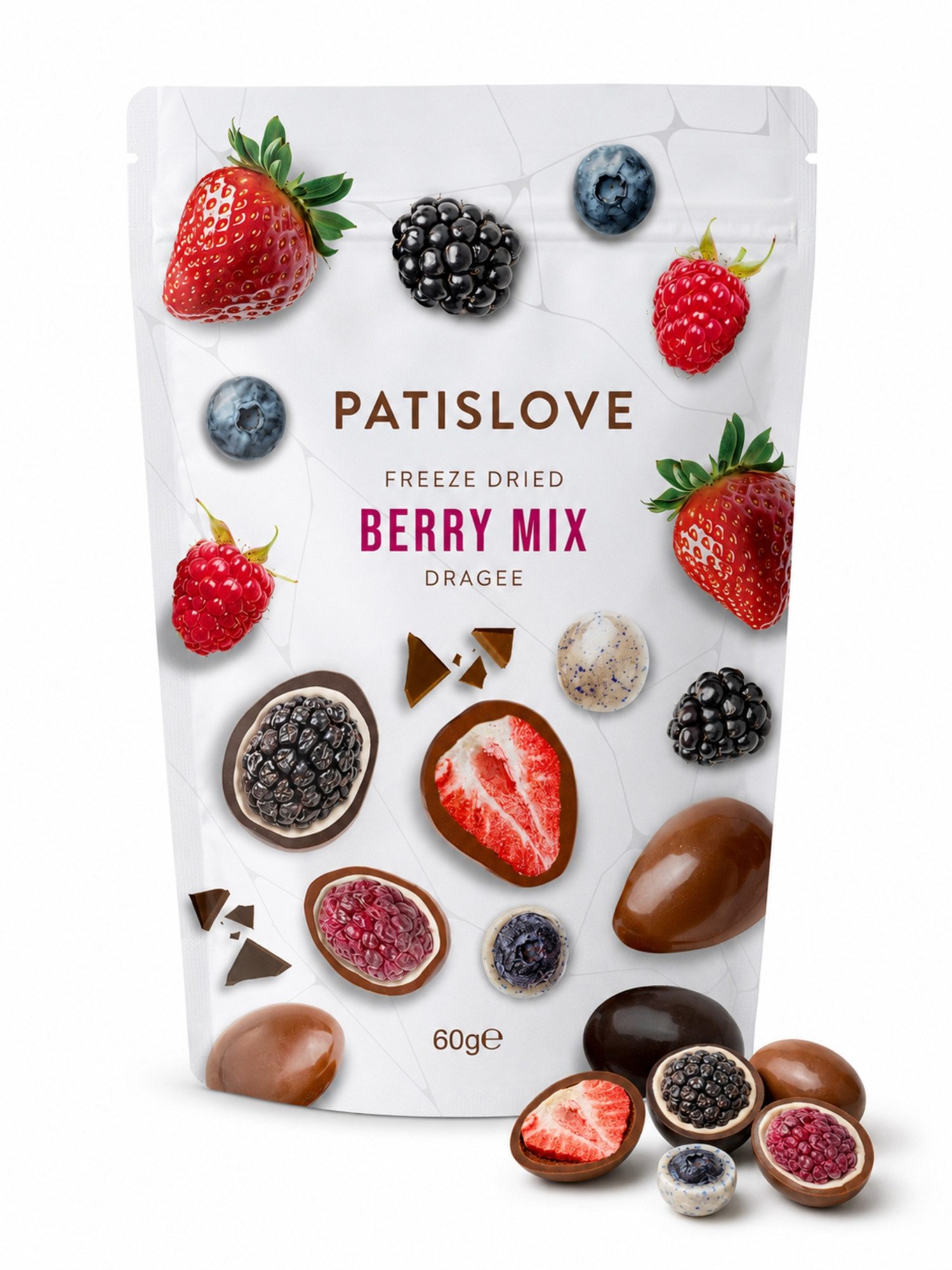 PATISLOVE Schokolade Patislove Berry Mix Dragees, Beeren-Mix in 3 Schokoladensorten, 60g, Gefriergetrocknete Beerenmischung, Überzug aus 3 Schokoladensorten