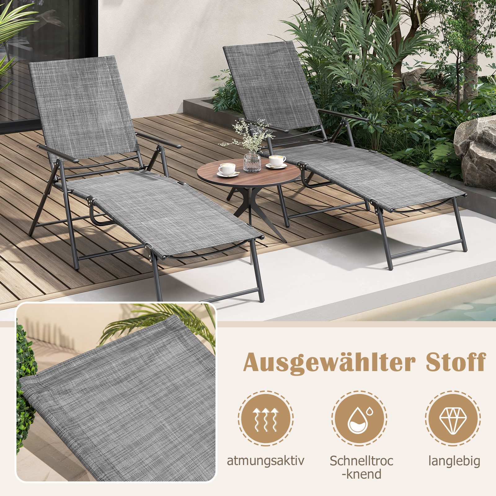 KOMFOTTEU Gartenliege, 2er Set Sonnenliege klappbar, bis 150kg