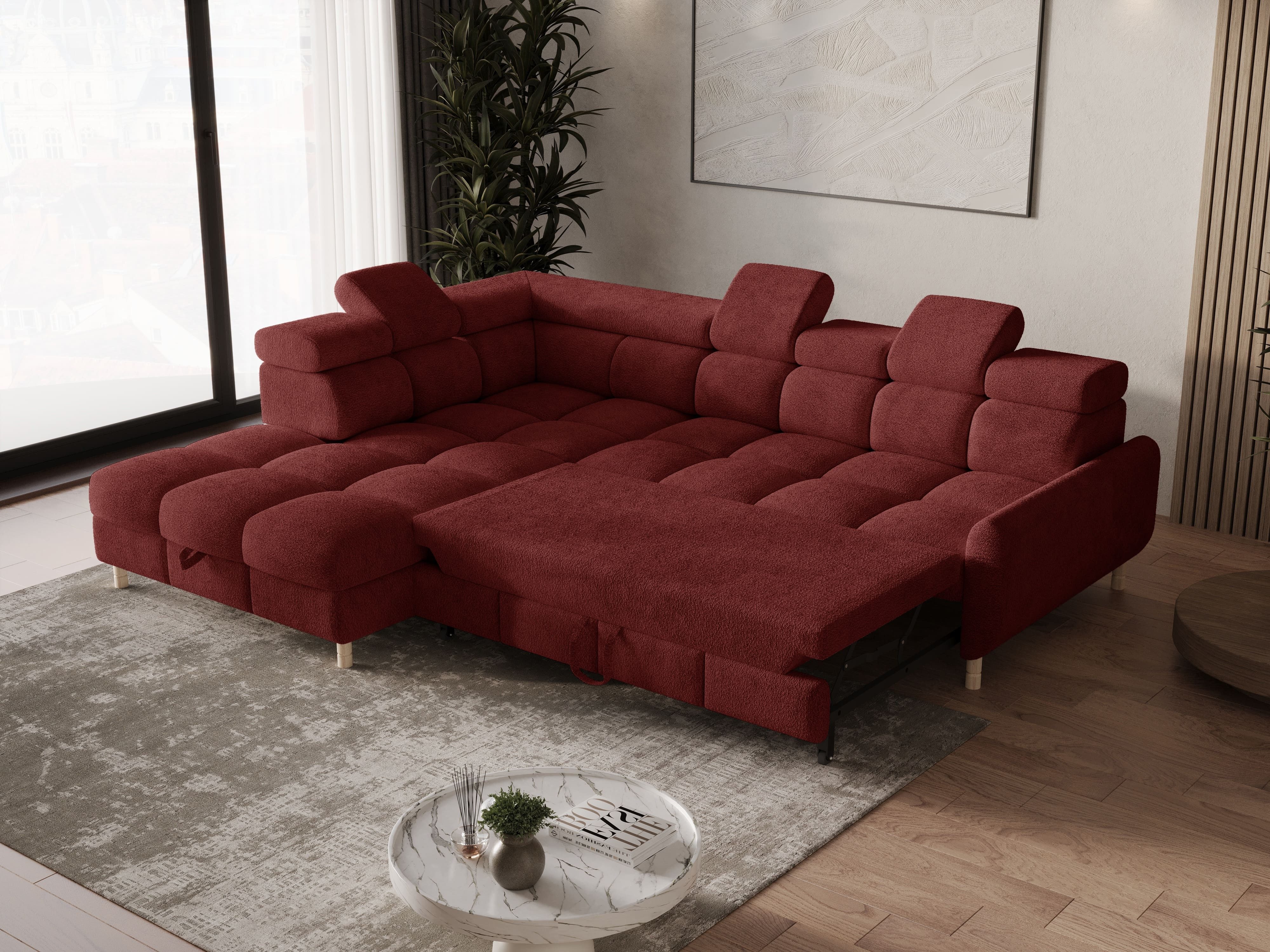 MOEBLO Ecksofa BUN aus Bouclé, mit Schlaffunktion, Bettkasten und verstellbaren Kopfstützen – modernes Polsterecksofa für Wohnzimmer, Eckcouch Wohnlandschaft Sofa mit Ottomane Eckgarnitur Polsterecke, (BxHxT): 276 x 78 x 209 cm