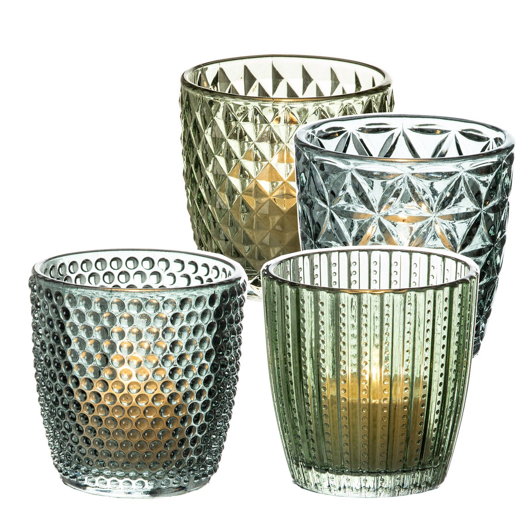 BigDean Teelichthalter 4 Teelichtgläser verschiedene Motive grün Kerzenglas Dessertglas