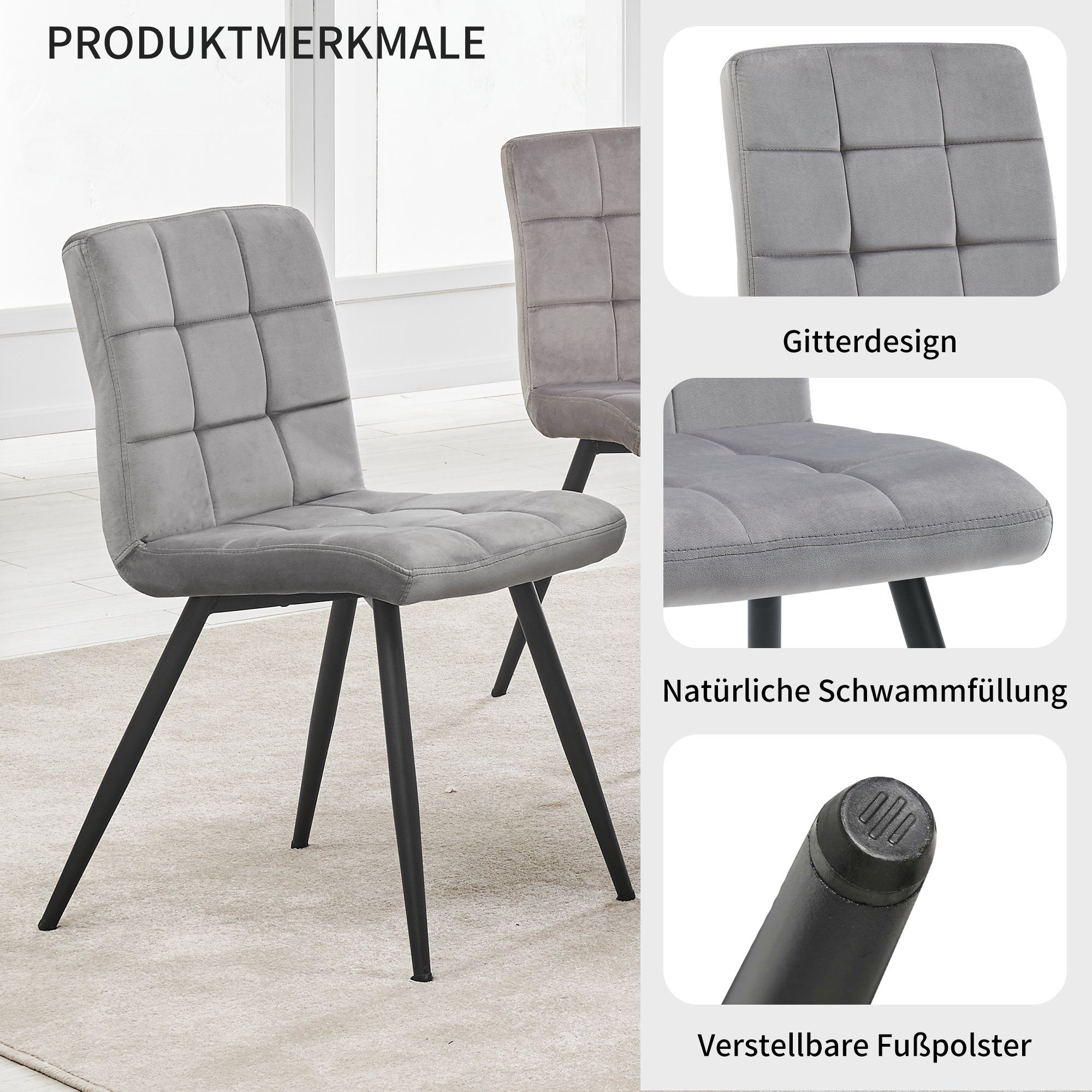 und Grau Wohnzimmerstuhl Polsterstuhl Linen 2er Set, Küchenstuhl aus Samt Duhome Esszimmerstuhl,