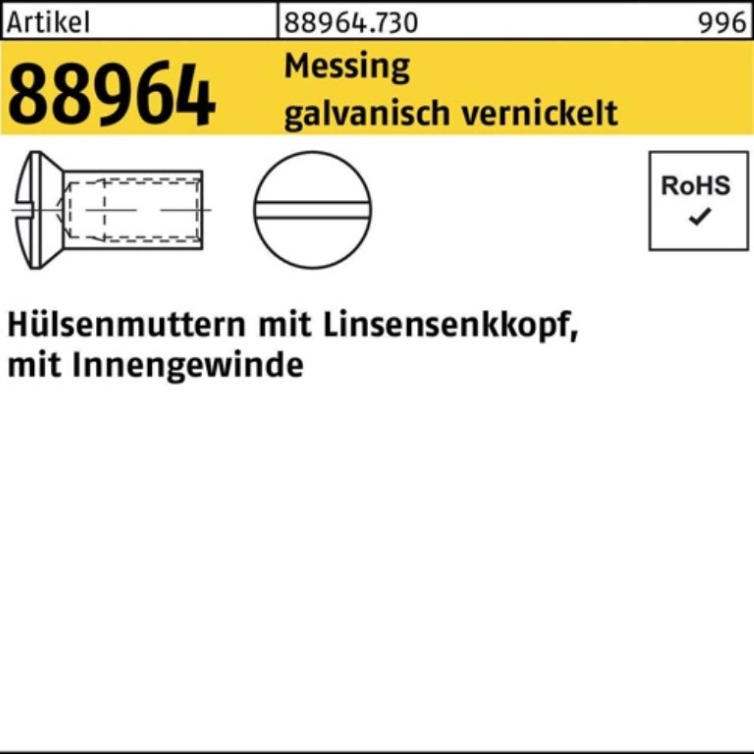 Reyher Hülsenmutter 200er Pack Hülsenmutter R 88964 Liko IG M4x 7 Messing galv. vernickel