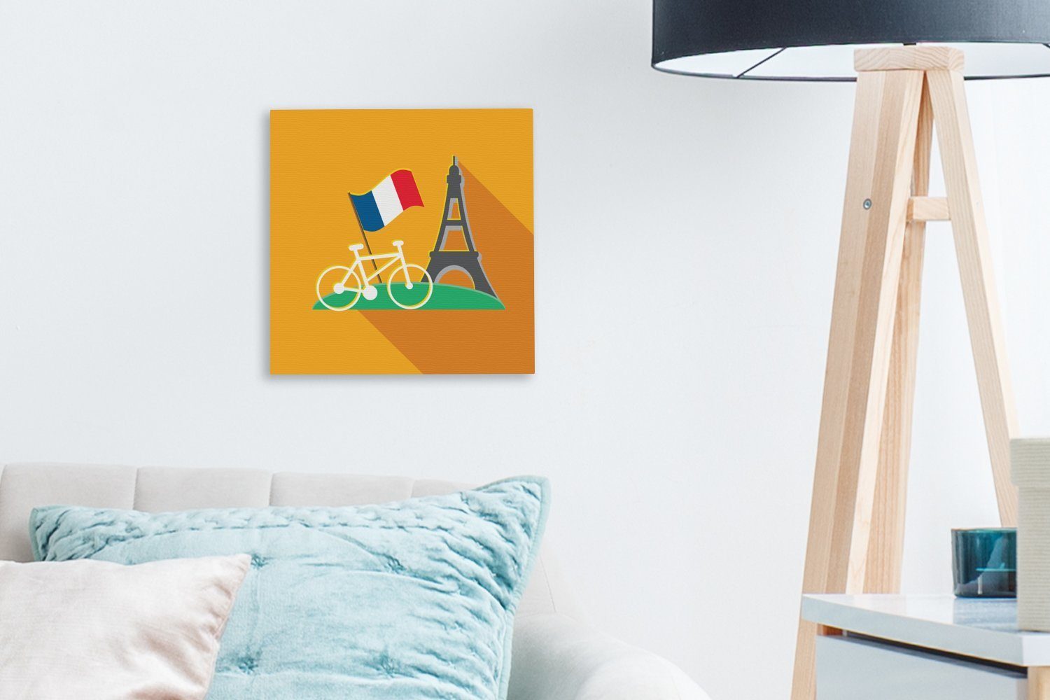 und OneMillionCanvasses® Wohnzimmer mit Eine Illustration Flagge für Leinwand Bilder Fahrrad, Eiffelturm Leinwandbild (1 St), Schlafzimmer