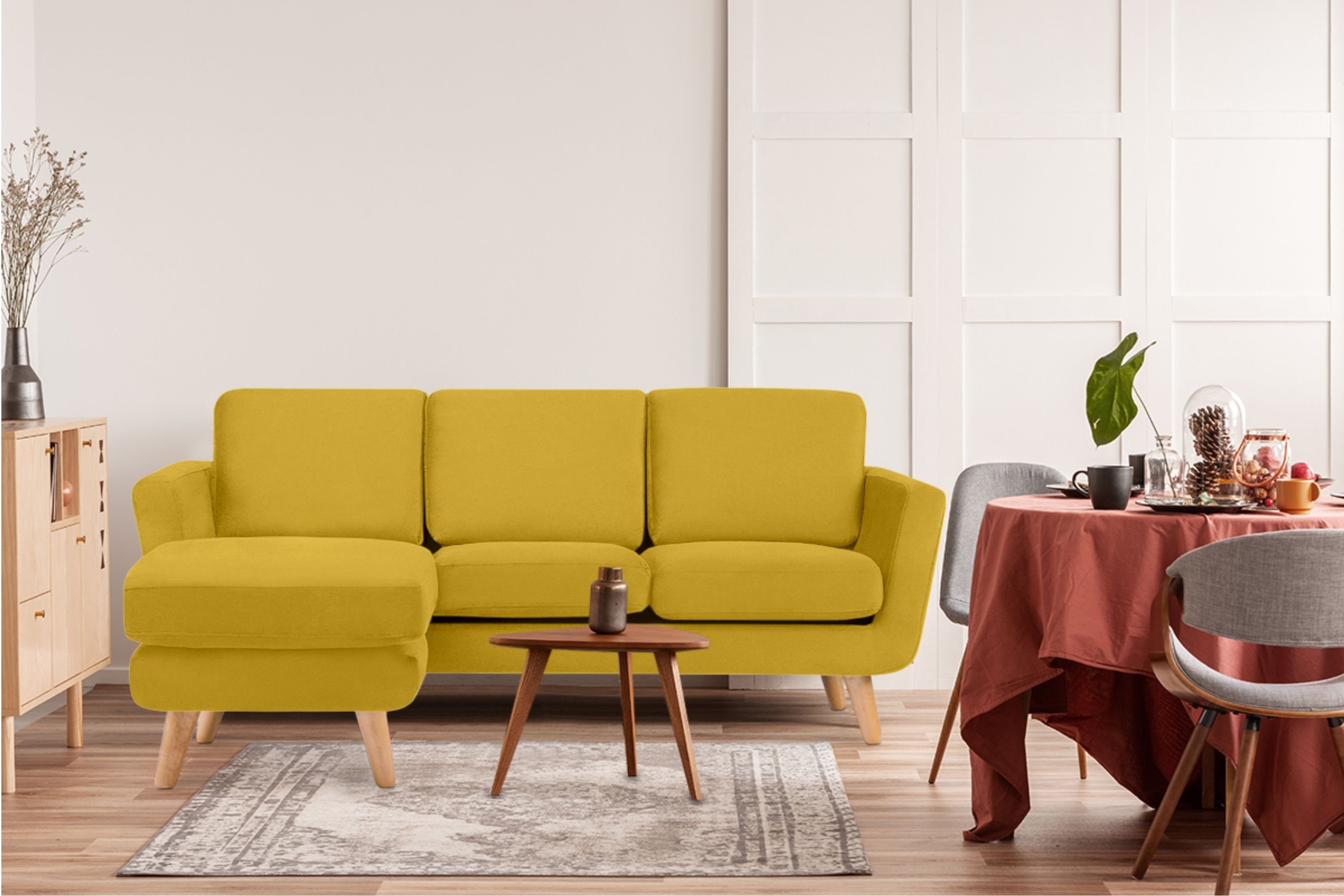 KONSIMO® Ecksofa TAGIO links, Scandi-Stil, mit Armlehnen, Made in Europe, Gestell aus Massivholz