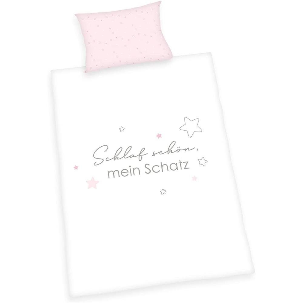 Babybettwäsche Kleiner Schatz, Herding, Flanell, 2 teilig, 100 x 135 cm Deckenbezug, 40 x 60 cm Kissenbezug, Baumwolle, Bettbezug, weiß/rosa