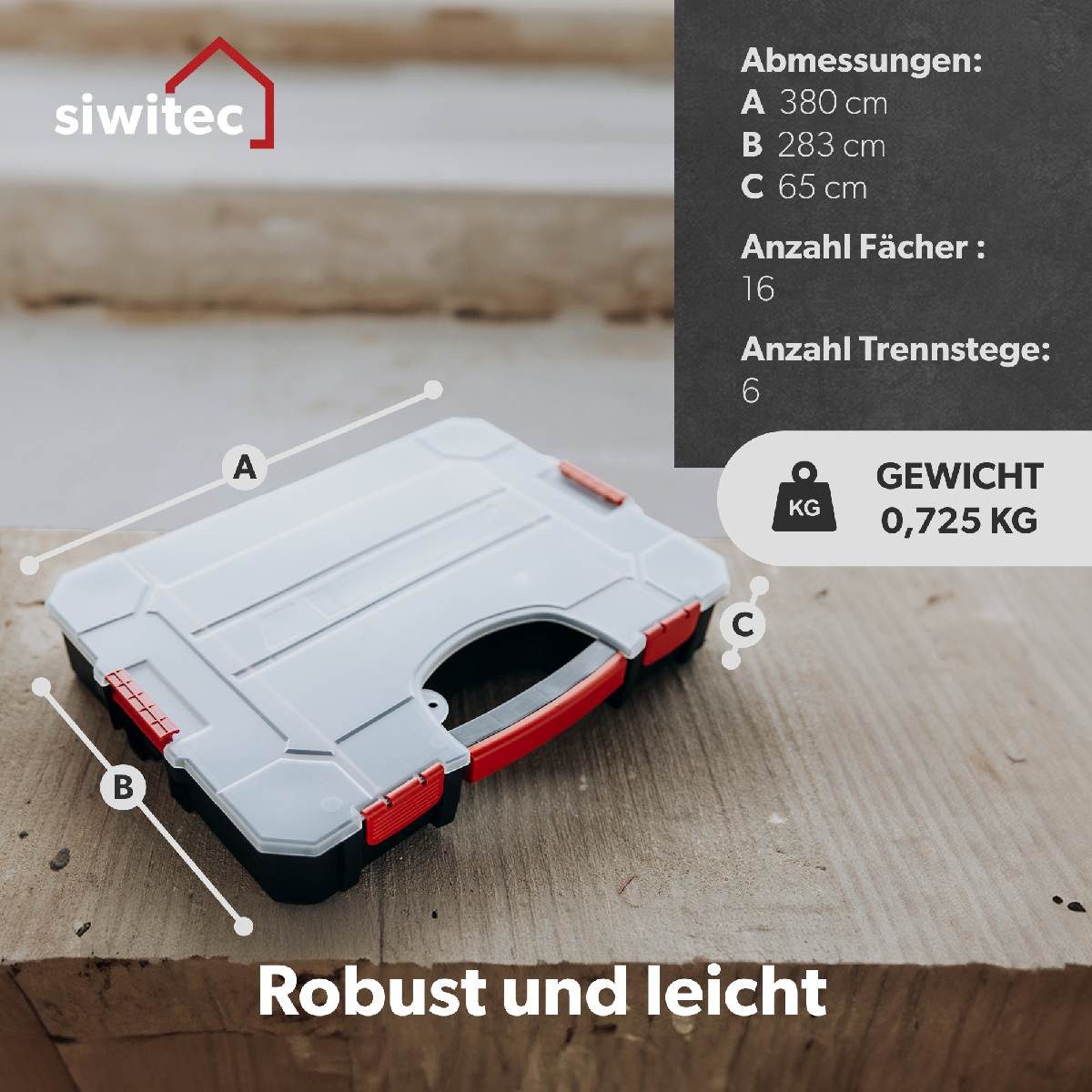 siwitec Sortimentskasten Sortimentsbox 380 x 28,3 x 60 mm 16 Fächer 6 verstellbare Fachtrenner (1 St), Anpassbar, Verschließbar, Stapelbar