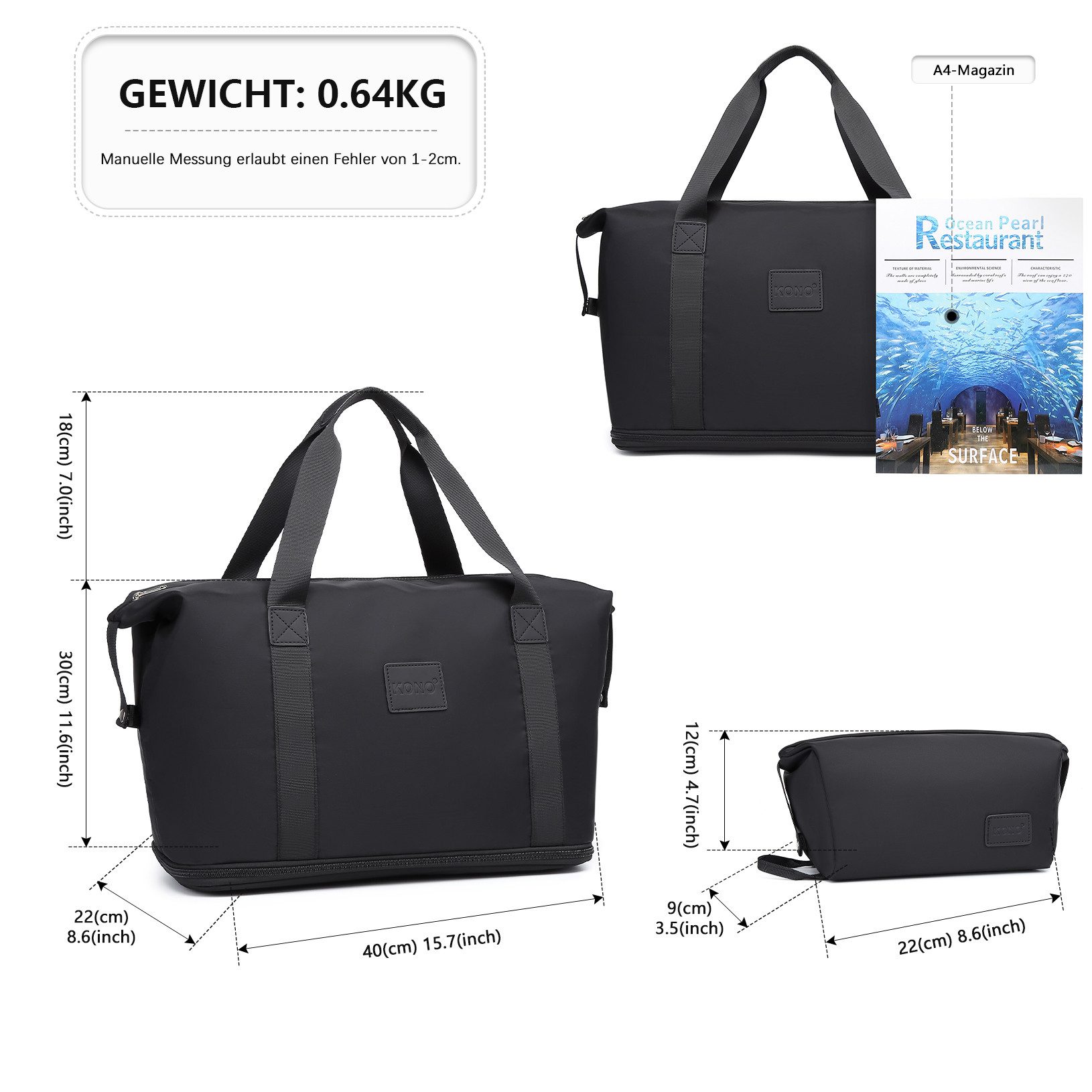 KONO Reisetasche 2-in-1 Set: Erweiterbare Handgepäck-Tasche (36L) + Kosmetiktasche, Praktisches und leichtes Design