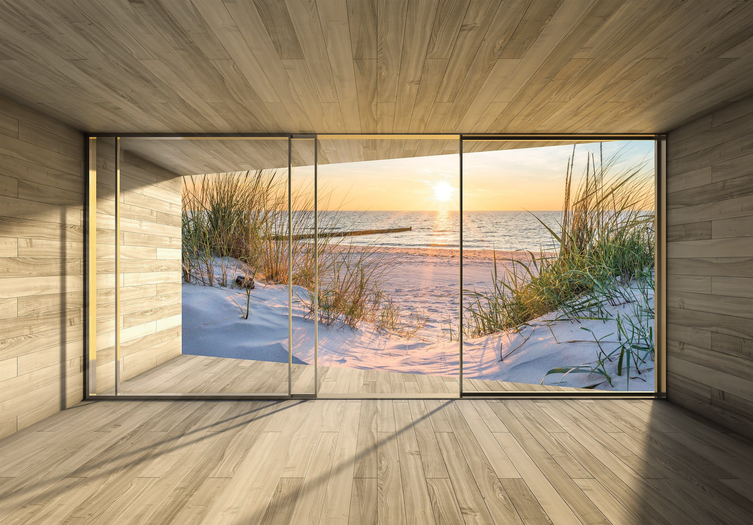 3D-Optik, Sand EFFEKT oder Vliestapete Wallarena 3D Wohnzimmer Wandtapete Fenster Tapete Vliestapete Terrasse Natur Strand inklusive Glatt, Vlies Panorama Fototapete Motivtapete, Kleister Meer Landschaft Schlafzimmer für