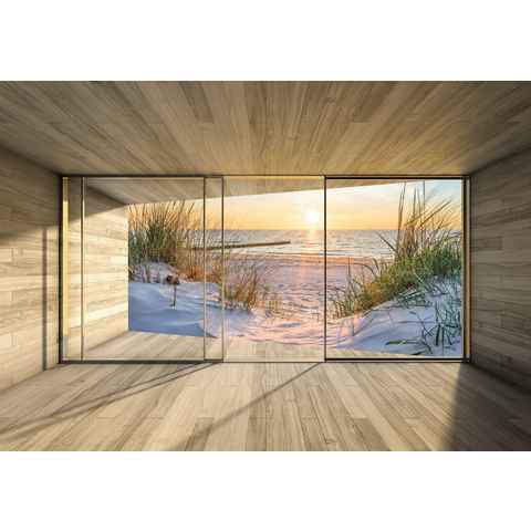 Wallarena Fototapete 3D EFFEKT Strand Meer Sand Terrasse Panorama Natur Landschaft Fenster Vlies Tapete für Wohnzimmer oder Schlafzimmer Vliestapete Wandtapete Motivtapete, Glatt, 3D-Optik, Vliestapete inklusive Kleister