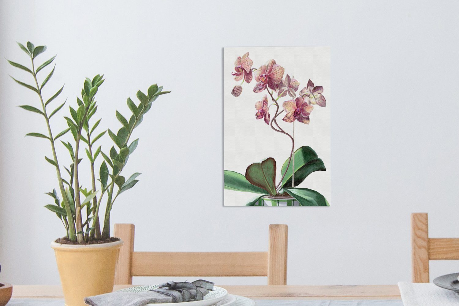 OneMillionCanvasses® Leinwandbild Eine Illustration einer Hintergrund, fertig Orchidee rosa weißem Zackenaufhänger, Leinwandbild St), cm (1 20x30 Gemälde, bespannt auf inkl