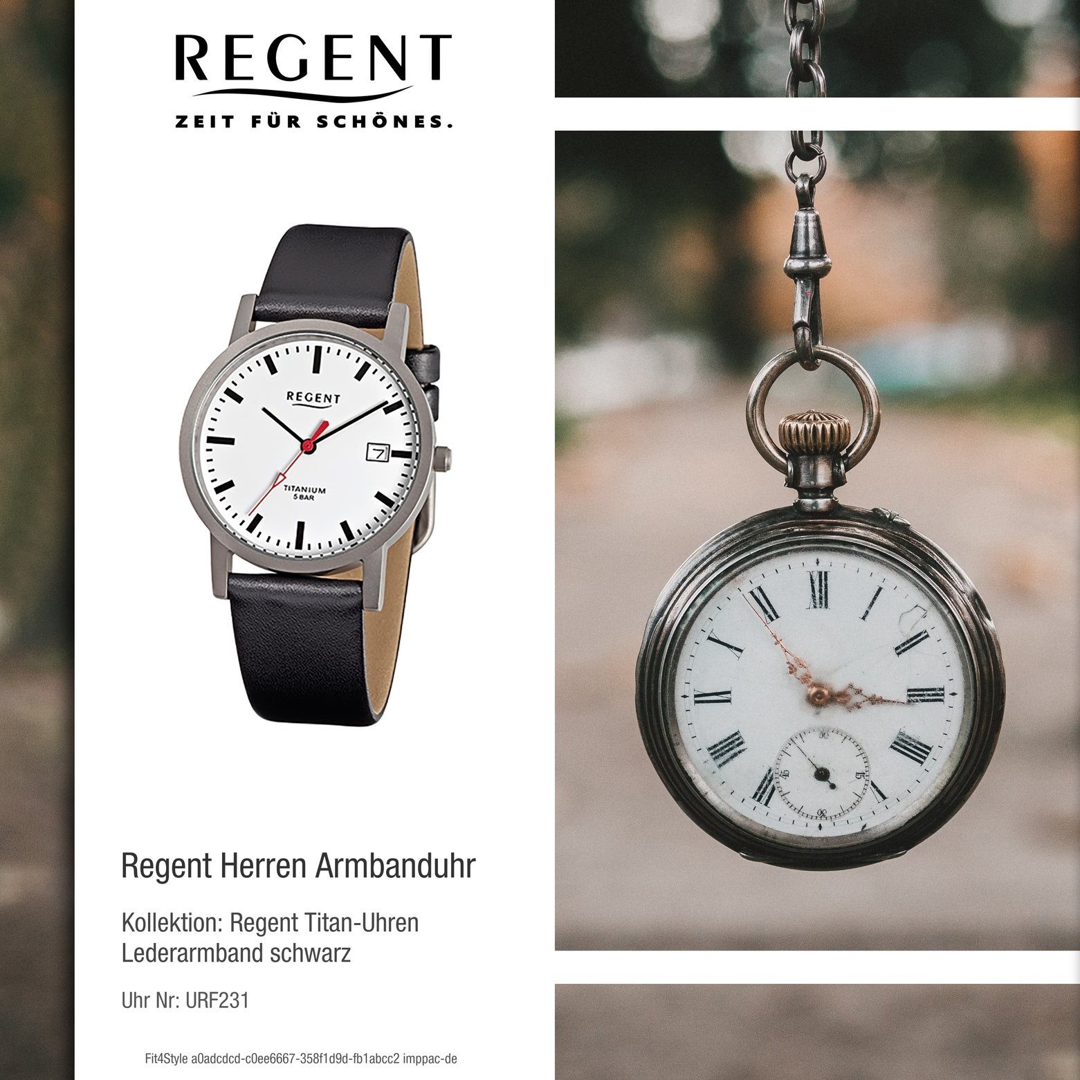 Regent Quarzuhr Regent Herren schwarz Herren-Armbanduhr Lederarmband 34mm), (ca. Analog, Armbanduhr rund, mittel