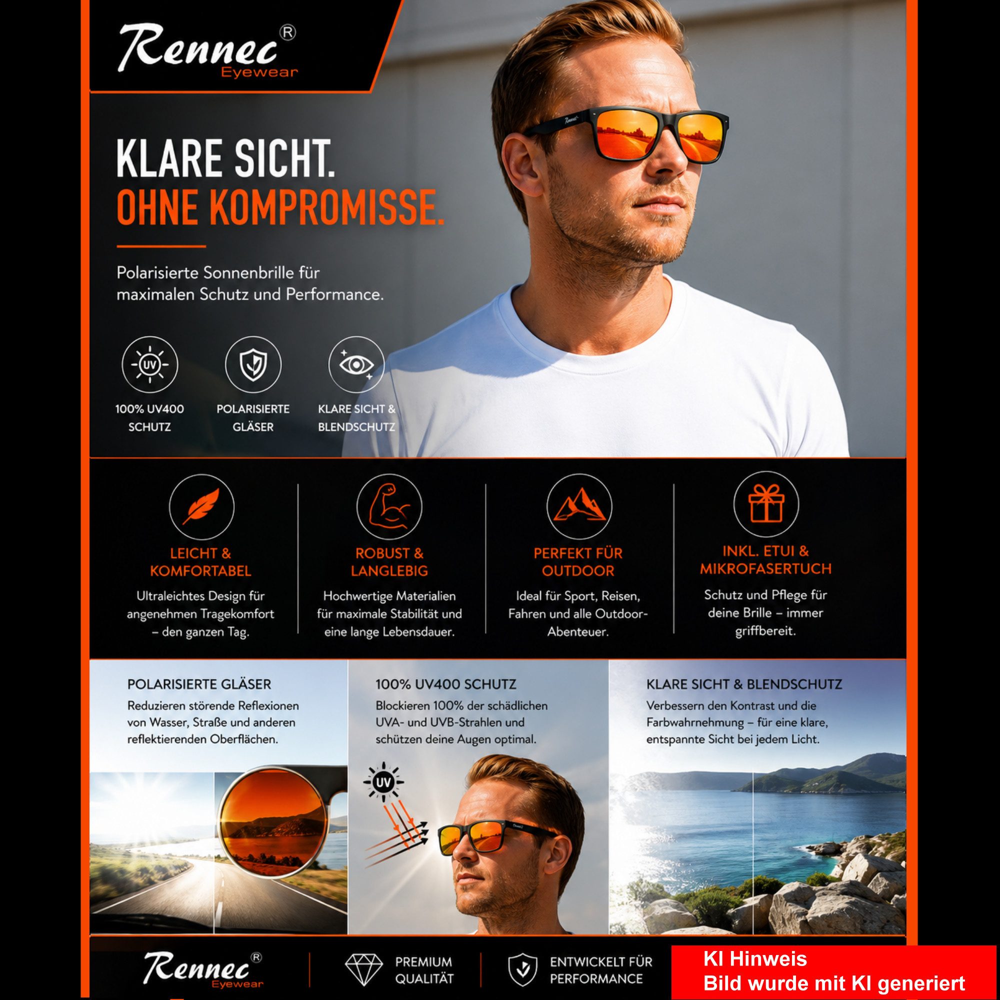 Rennec Sonnenbrille Herren Polarisiert Rechteckig Carbon Optik mit Hardcase Gläser UV400 Getönt oder Verspiegelt, Edelstahl Bügelgelenke 3in2