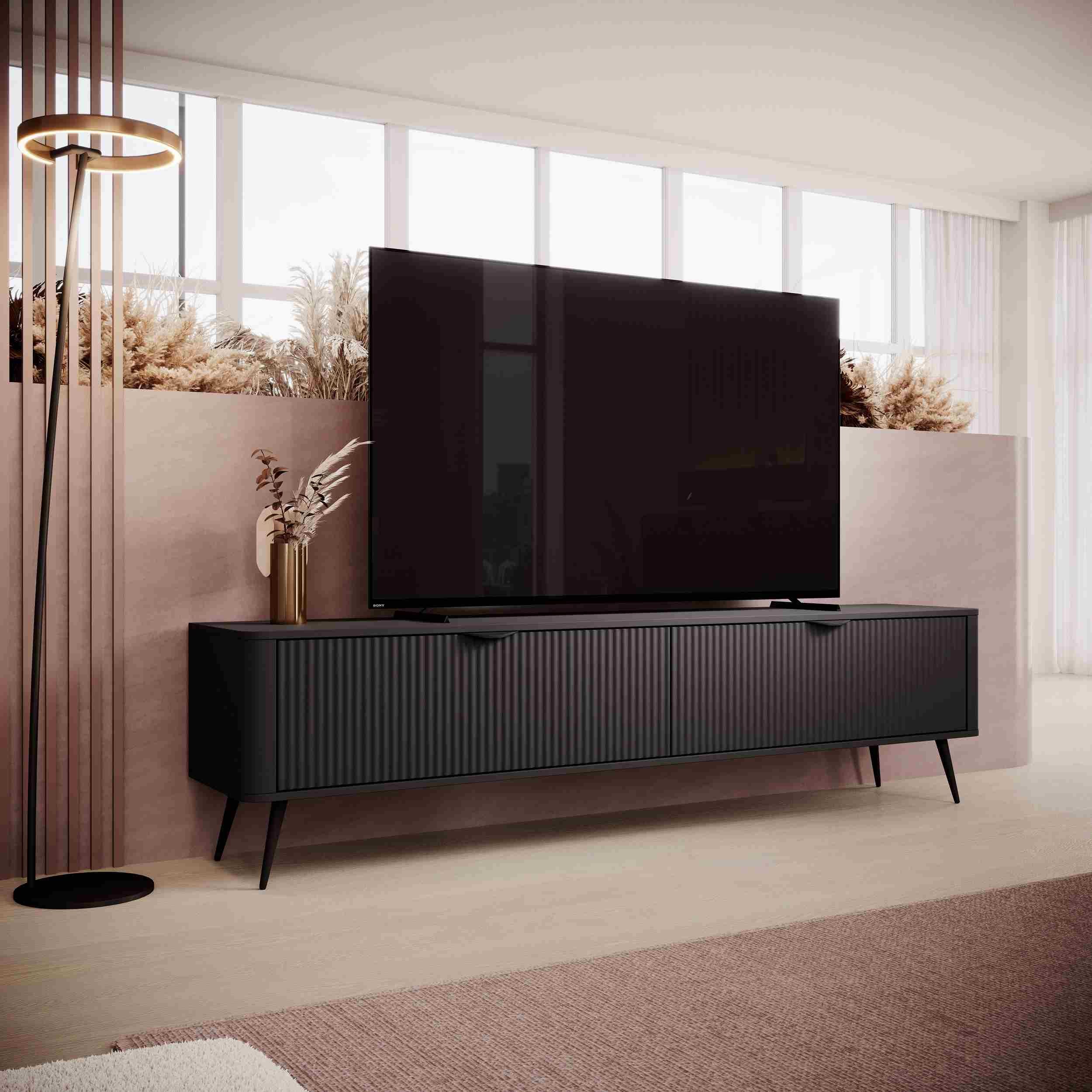 Furnix TV-Schrank Katine Lowboard 200 cm Sideboard mit zwei Schränken Metallfüße Metallgriffe, Maße 200x51,2x38 cm, robust & modern