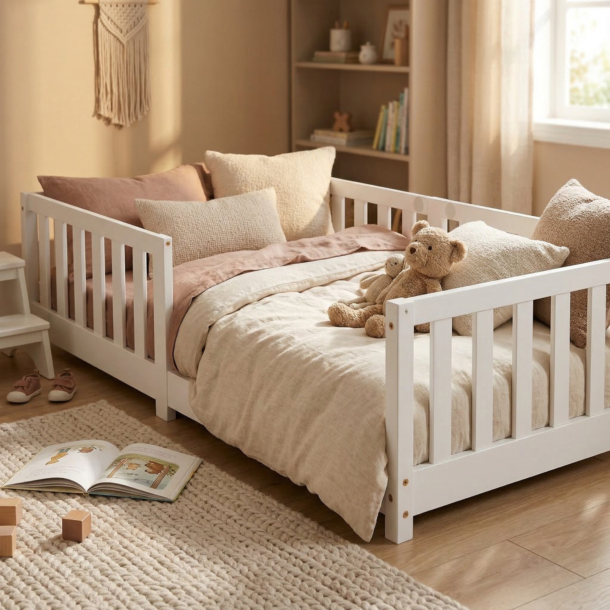 ecoMI Kinderbett mit Rausfallschutz inkl. Lattenrost, 90x200 & 80x160, Weiß & Natur, mit Rausfallschutz inkl. Lattenrost, 90x200 & 80x160, Weiß & Natur