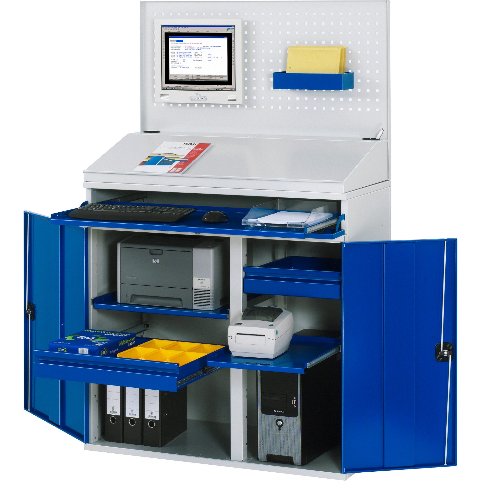 RAU Schreibtisch Computerschrank 1100x520x1770mm stationär lichtgrau/enzianblau