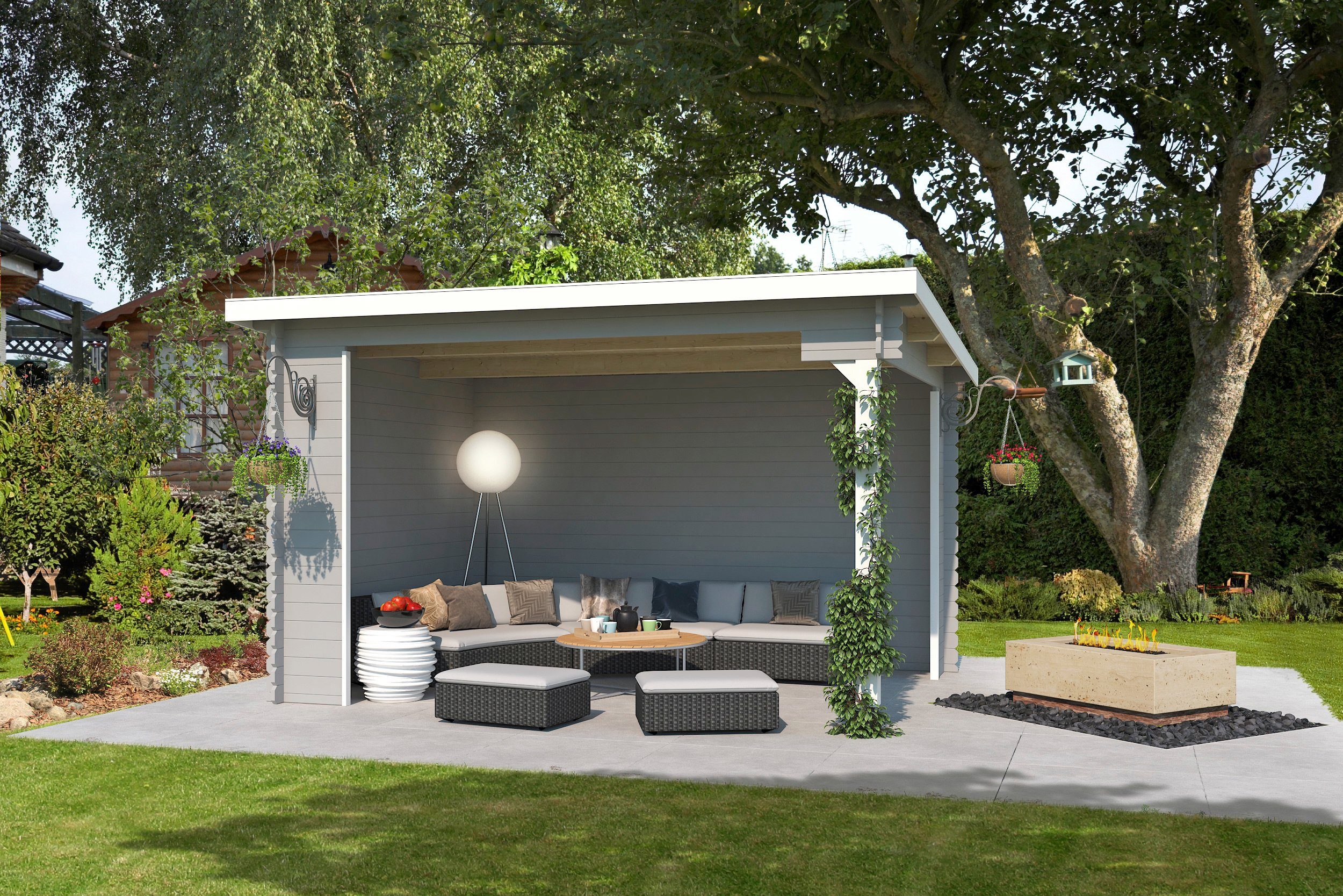 LASITA MAJA Gartenhaus Unterstand/Lounge Buffalo 380, BxT: 400x324 cm, Unterstand / Lounge 28mm, Fundamentmass 3800x2750, Lichtgrau