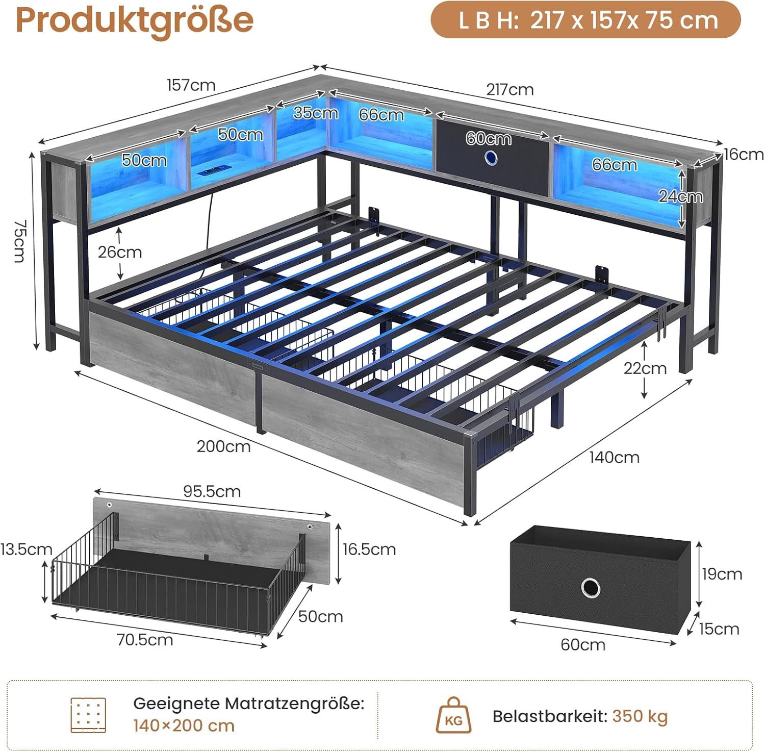MSMASK Daybett L-Form Schlafsofa mit LED-Beleuchtung und Steckdose, Kinderbett (1 tlg), Jugendbett mit Metallrost, 140x200cm, Grau – Bild 2 von 5