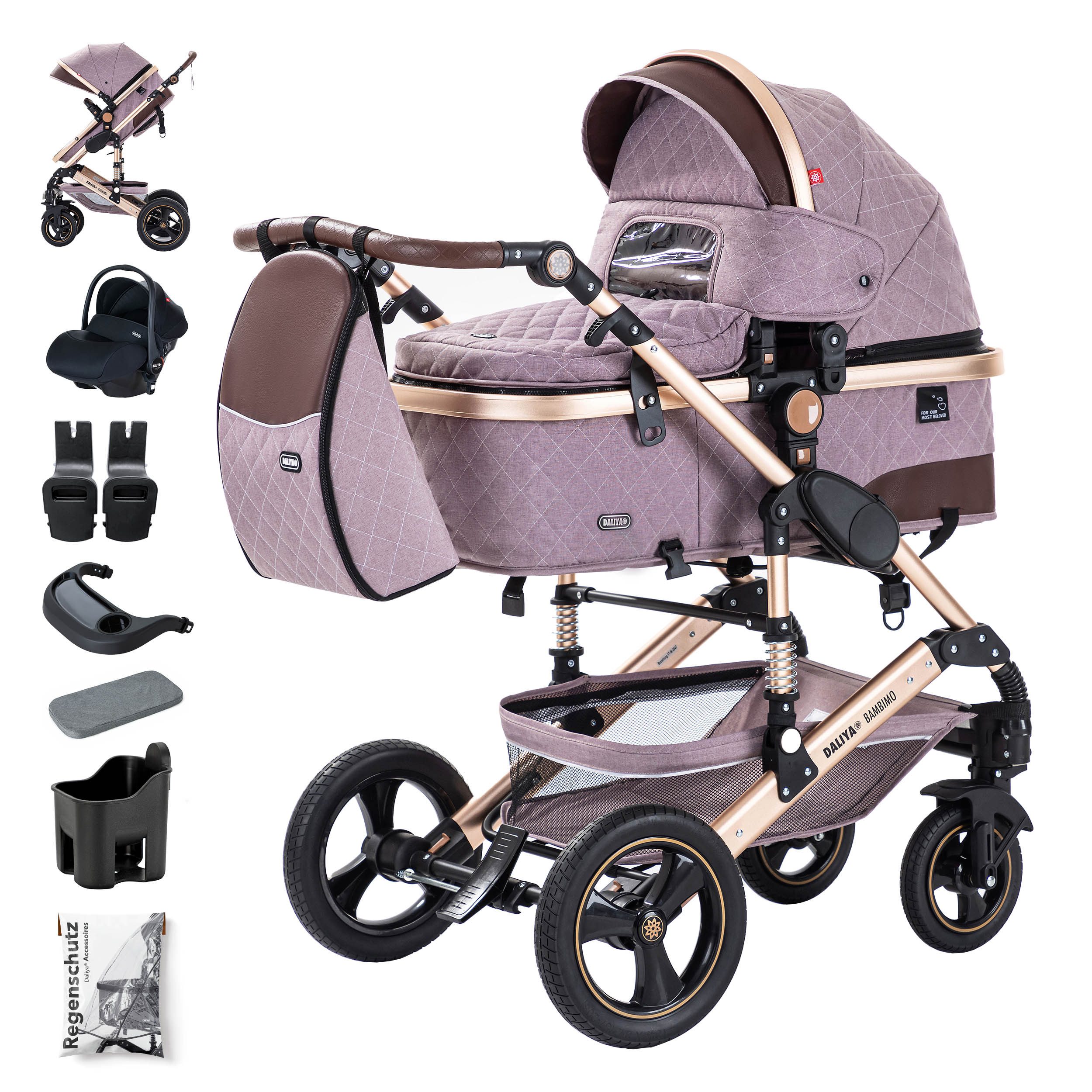 Daliya® Kombi-Kinderwagen BAMBIMO 3in1 Kinderwagen & Buggy mit Auto-Babyschale und Adapter, (XXL-Set inkl. Wickeltasche und Spieltisch, 15-tlg), Babyschale, Airless-Räder, Federung, weiche Matratze, Belüftungssystem