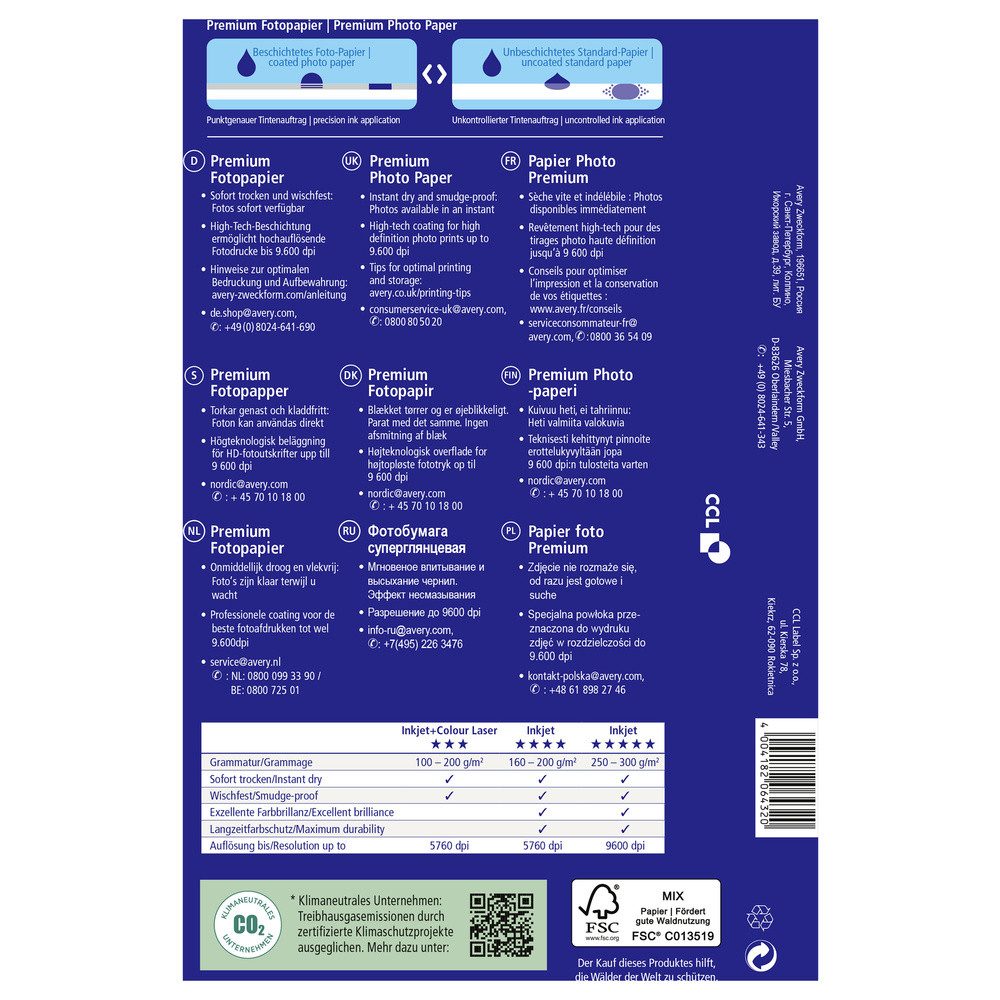 Avery Zweckform Fotopapier Avery-Zweckform Premium C2580 Fotopapier 13 x 18 cm 250 g/m² 50 Blatt