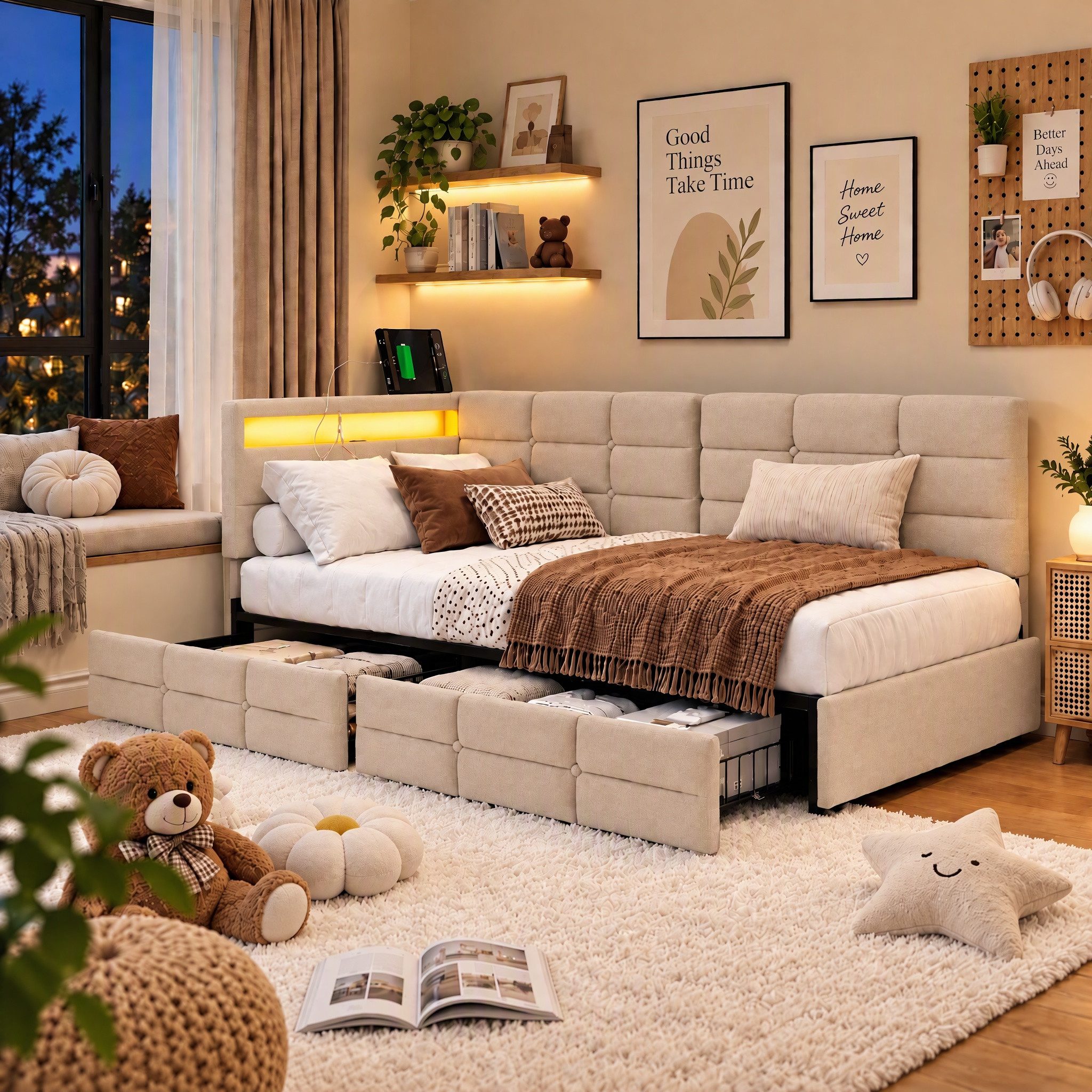 Gdood Polsterbett Daybett Jugendbett Tagesbett (1-tlg., 2 Schubladen, Geeignet für Jungen und Mädchen), Mit LED-Beleuchtung, Ladefunktion, …