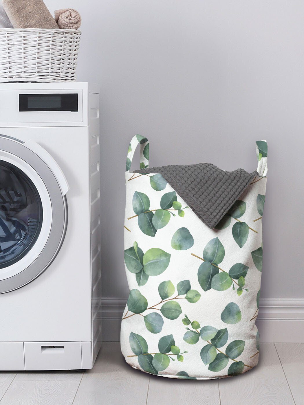 Wäschesäckchen Eucalyptus Wäschekorb mit Kunst Blatt Abakuhaus für Waschsalons, Aquarell Griffen Kordelzugverschluss