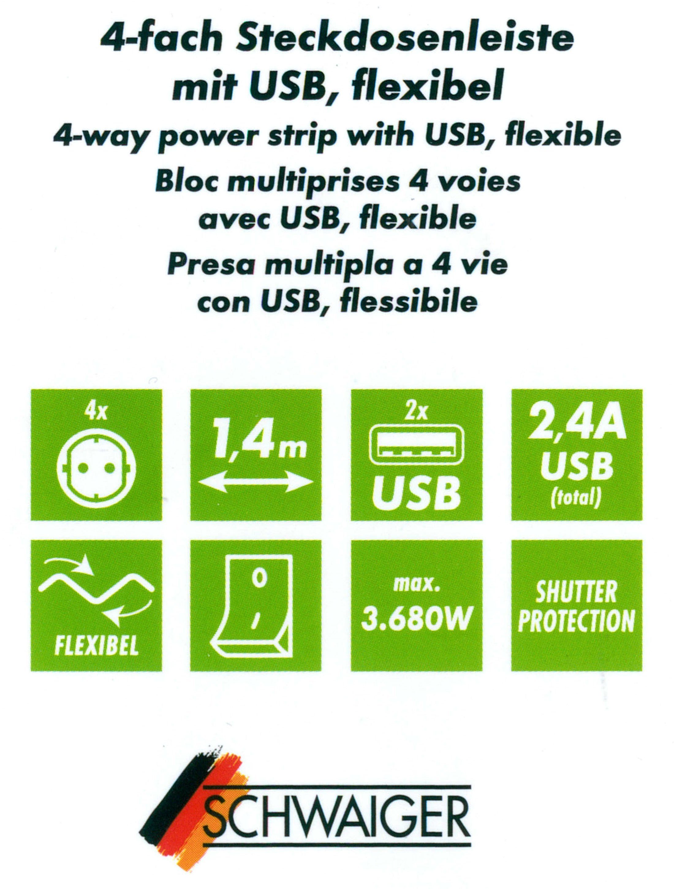 separate x Schwaiger USB 2 4-fach inkl. (4,2A) Ausschalter, Einsatz, / kabel), Ein- Flexible (Ein- schwarz Mehrfachsteckdose Ausschalter, Mehrfachstecker / Schalter Steckdosenleiste x USB-Anschlüsse, Schalterbeleuchtung, 1,5M USB 2 12w