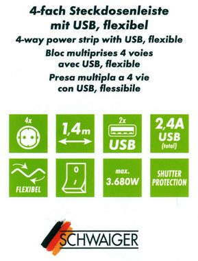 Schwaiger 4-fach Steckdosenleiste 2 x USB (4,2A) Schalter Mehrfachstecker Mehrfachsteckdose (Ein- / Ausschalter, USB-Anschlüsse, Schalterbeleuchtung, separate Ein- / Ausschalter, Flexible Einsatz, 1,5M kabel), inkl. 2 x USB 12w