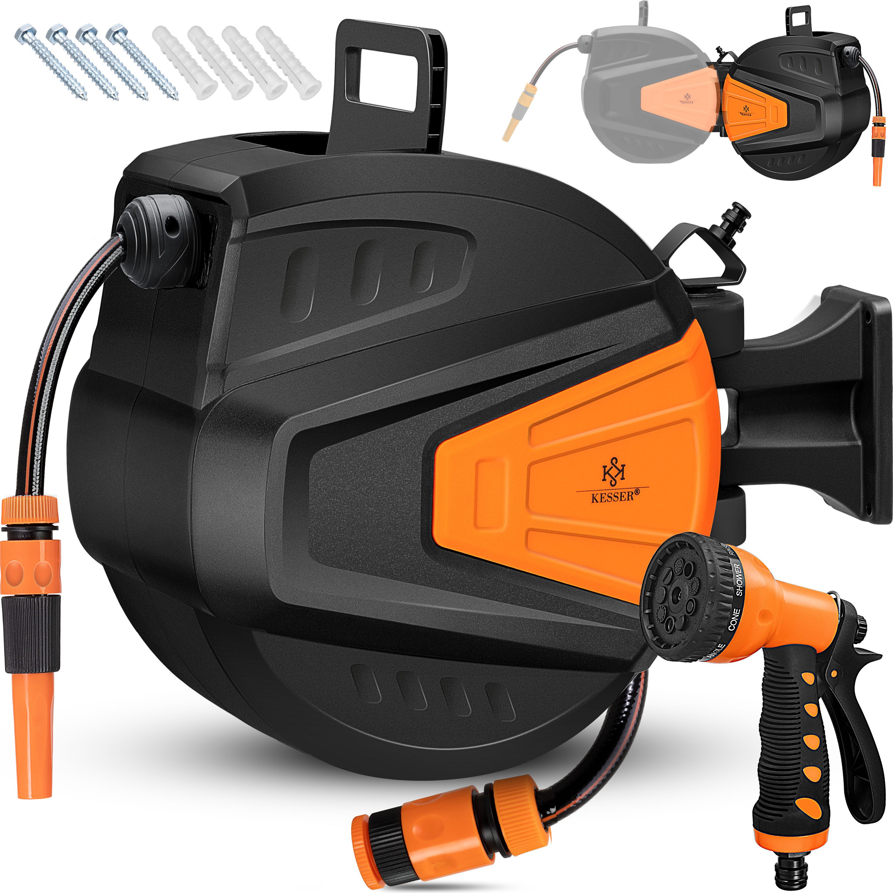 KESSER Gartenschlauch, Schlauchaufroller Automatik mit 2-Wege-Verteiler & Wandhalterung