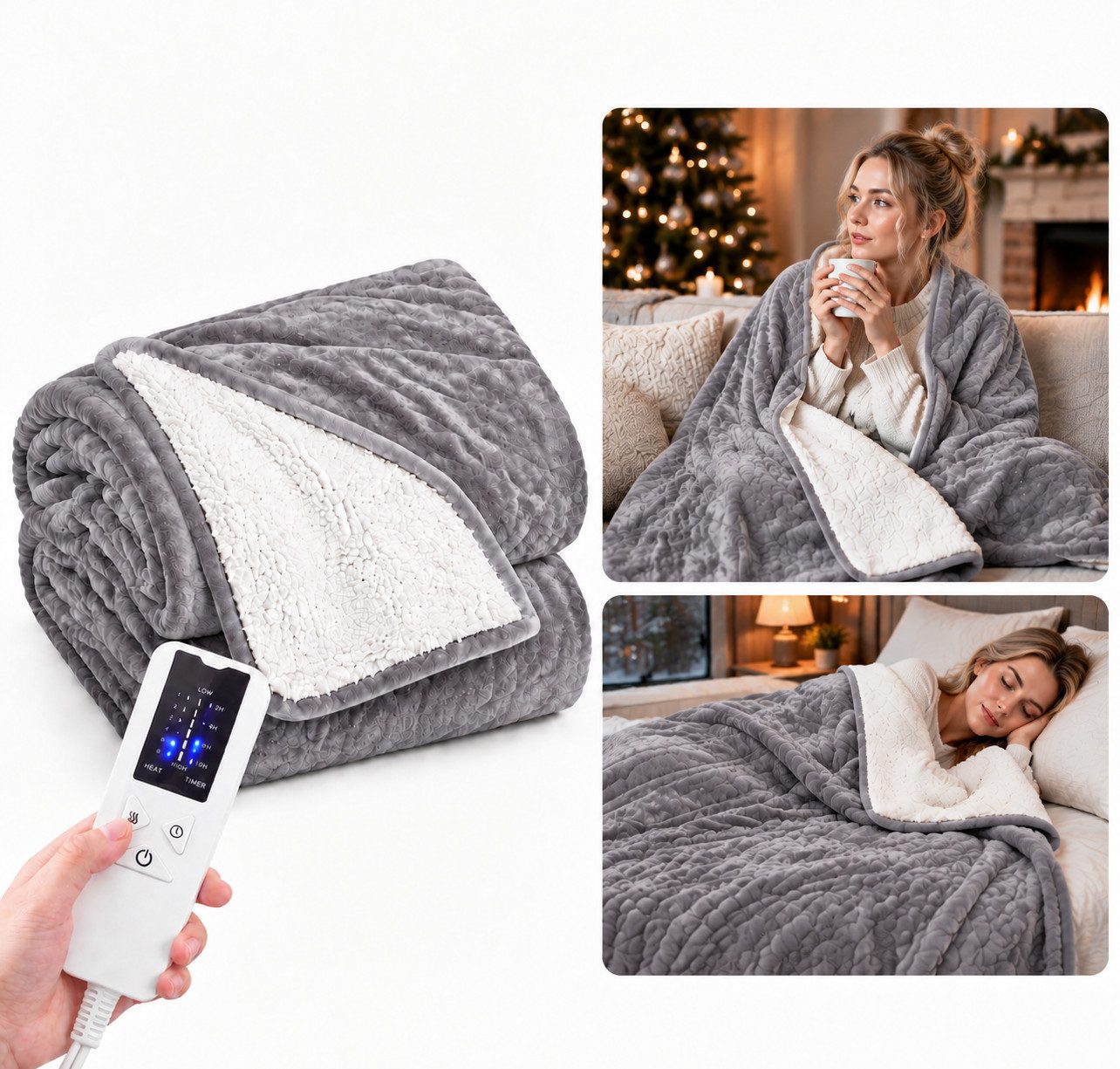 Ledklang Heizdecke Elektrisch Schwarz/Grau Überhitzungsschutz,Waschbare 200x180cm, für Bett, Sofa und Camping, 6-Stufen-Heizung & Zeitschaltuhr,Waschbar bei 30 °C