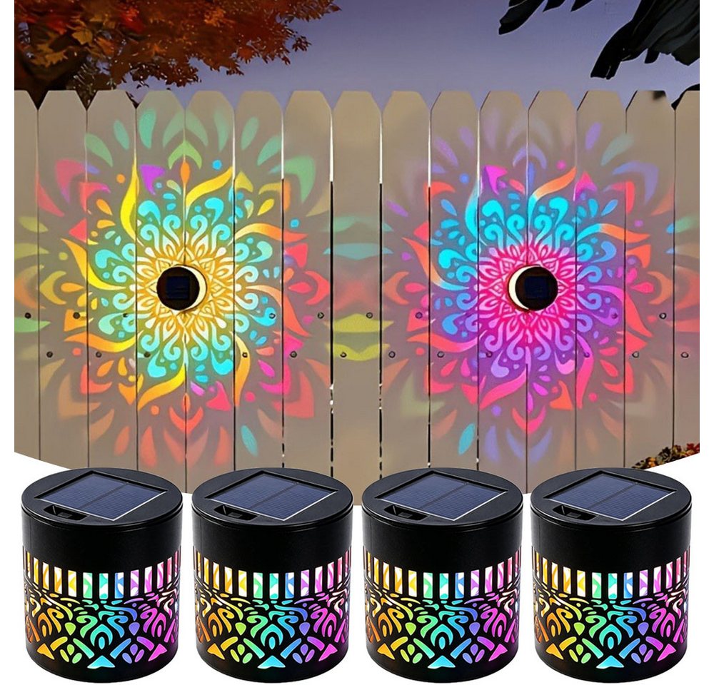 QUBEBU LED Solarleuchte 1/2/4 Stück Solarlaterne Mandala Wandleuchte, Solarlampen für Außen, LED fest integriert, 7 Farben RGB Wandlamp, Decorative Solar Mandala Lights Gartendeko, LED Gartenleuchte, Solarlaterne für Hof Rasen Wege Terrasse Yard Dekor