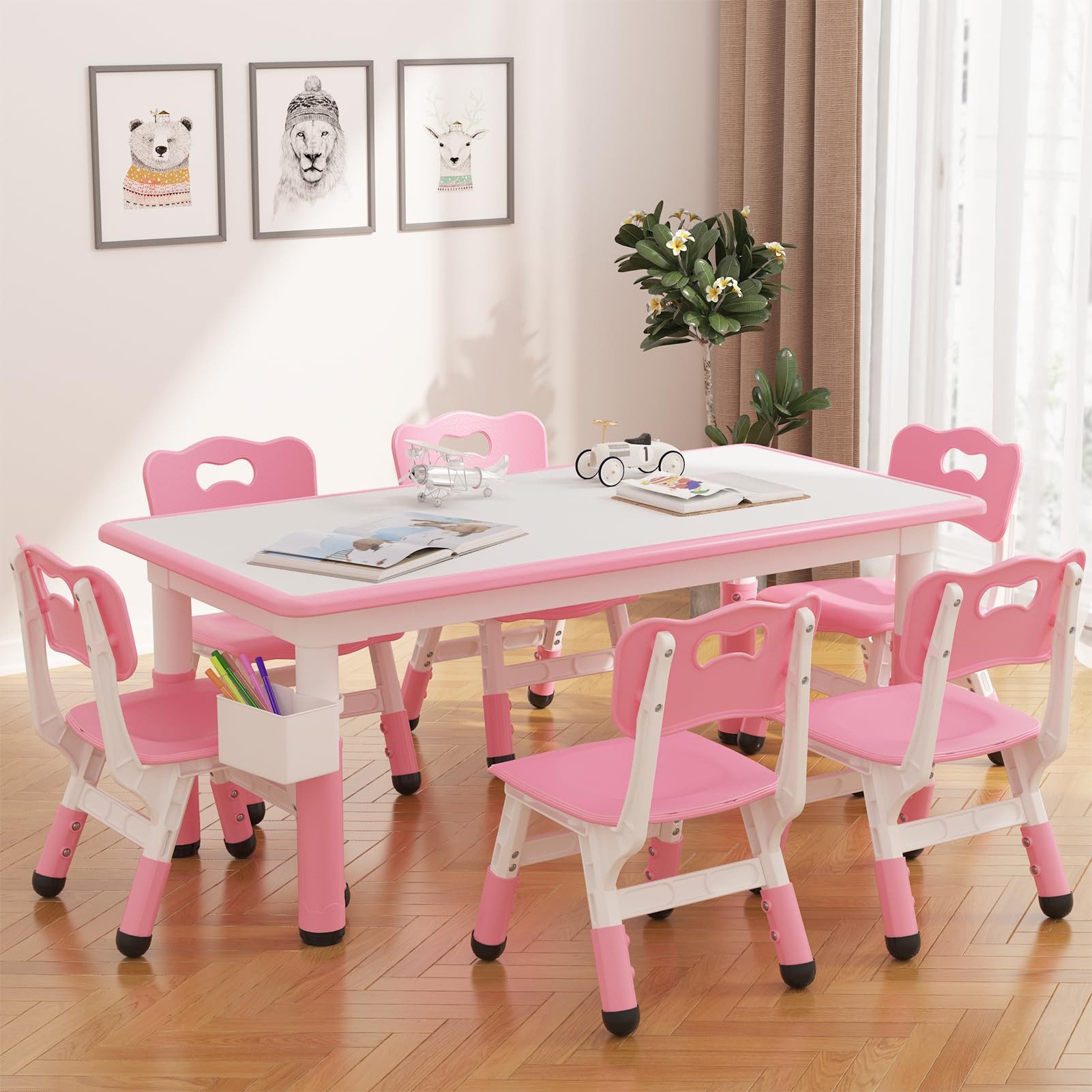 GarveeMore Kindersitzgruppe Kindertisch und 6 Stühle Set, Höhenverstellbar