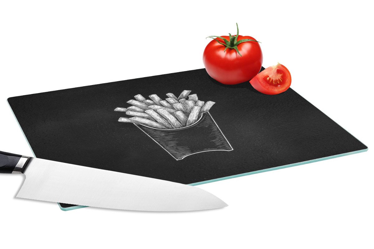 MuchoWow Schneidebrett Pommes frites - Weiße Kreidezeichnung - Schwarz, Glas, Schneidebrett Glas, Küchenbrett, Rutschfest, 28x20 cm