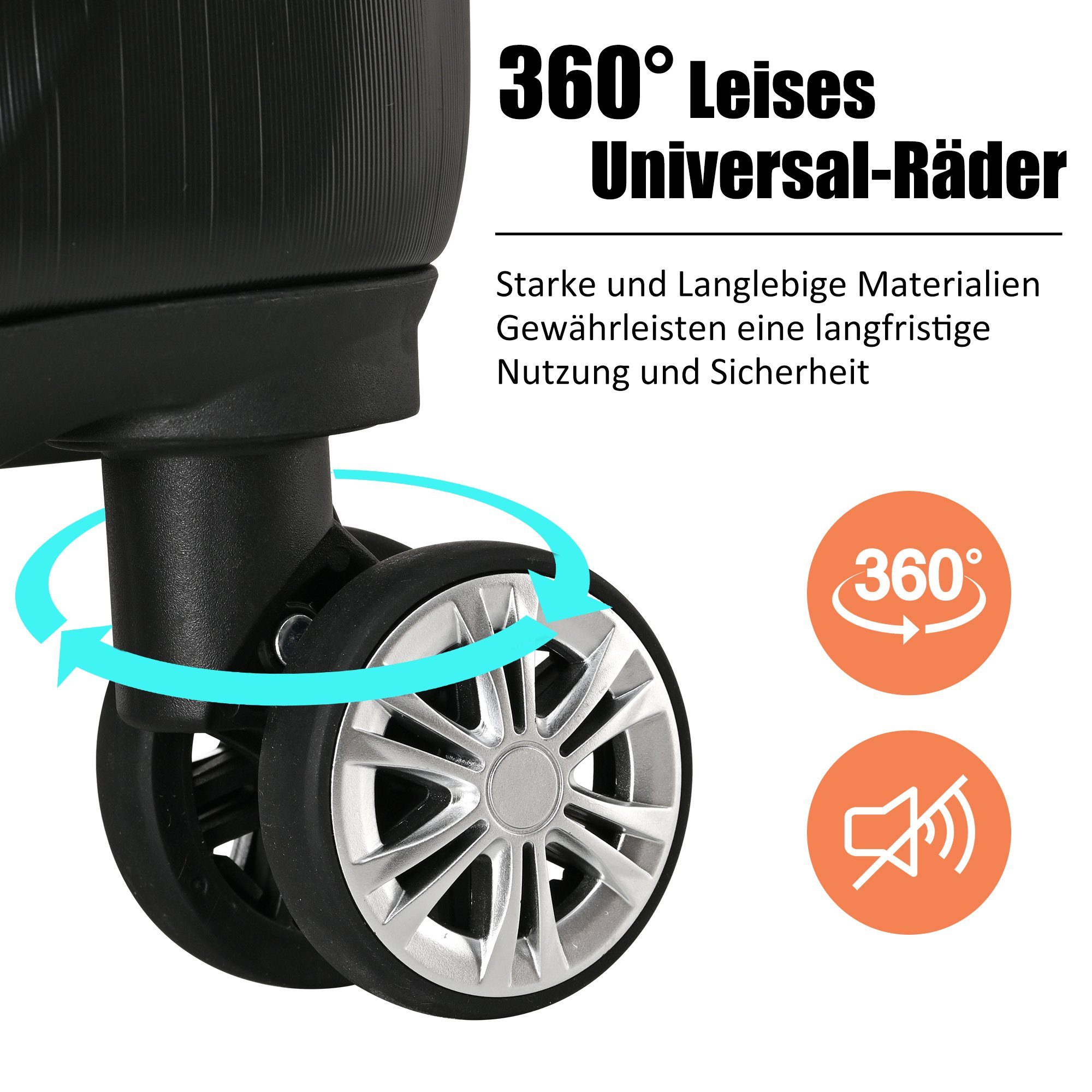 Handgepäck-Trolley leises Reisekoffer, Hartschalen-Trolley 360° OKWISH Räder Rollen, 4 Hartschalenkoffer Universal- Schwarz