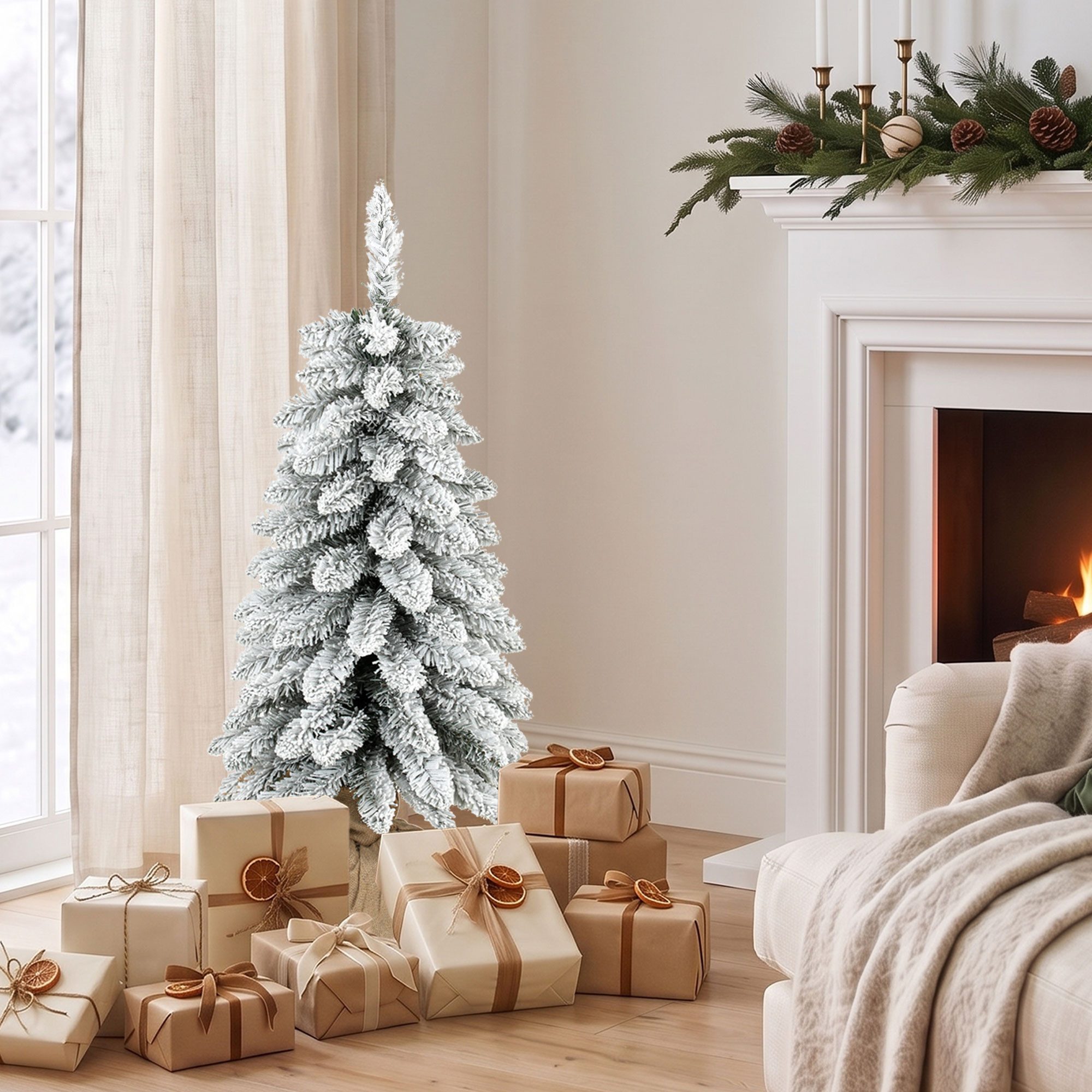 HOMCOM Künstlicher Weihnachtsbaum Weihnachtsdeko mit Jutebasis, 90 cm, 107 Zweigspitzen, Fichte, Schneebeflockt, flammhemmende Zweigspitzen